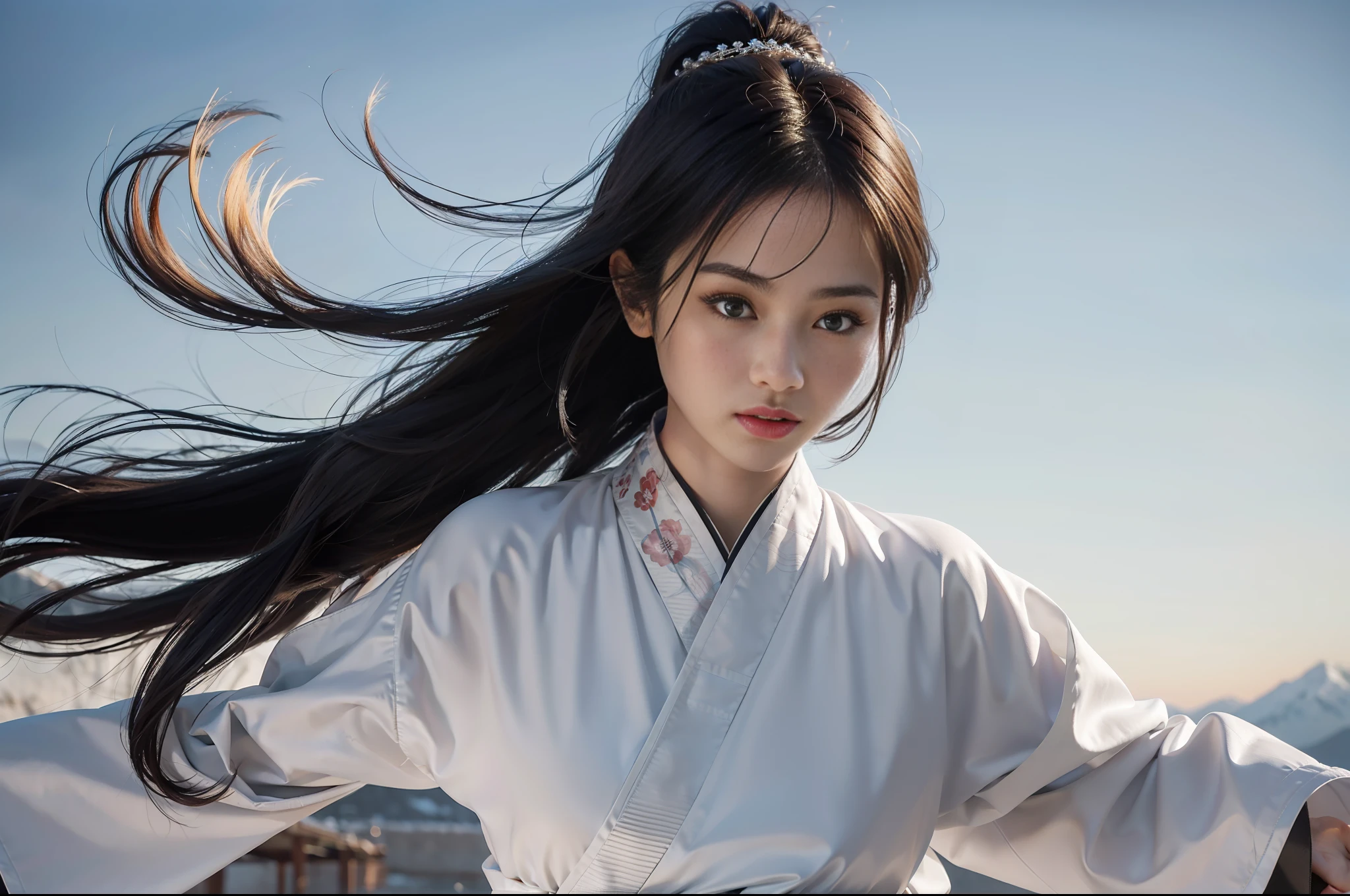 Beautiful Chinese woman with long black hair, dressed in white Hanfu robe practicing dance in heavy snow, close-up, delicate facial details, style influenced by ancient Chinese art, photo realism, high-end - ar 3:2 - q 5 - v 5.1 - style raw - s 750, (extremely detailed CG Unity 8k wallpaper), (Front view: 1.2), (Karate player: 1.9), (Kung Fu Master: 2.9), body flying in the air body off the ground, mountain top, shunguang (sunlight on the body: 1.3), hair blown up by the wind and scattered, standing, (winter mountain: 1.2), (heavy wind: 1.1), (strong wind: 1.5), (strong wind: 1.5), NSFW, (eye contact: 1.2), front hair bangs, complex, high detail, sharp focus, dramatic, photorealistic painting art