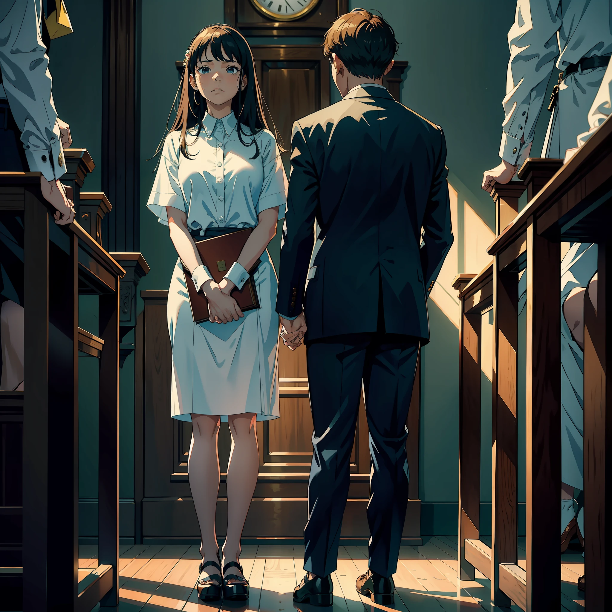 masterpiece,official art,8k, masterpiece, best quality, highly detailed,A young couple, standing back to back, their faces full of anger and disappointment, holding divorce certificates in their hands, a lawyer standing between them, trying to mediate, a tense atmosphere, a courtroom, wooden benches filled with people, some with sad expressions, some with curious looks, a judge sitting on a raised platform, looking down at the couple