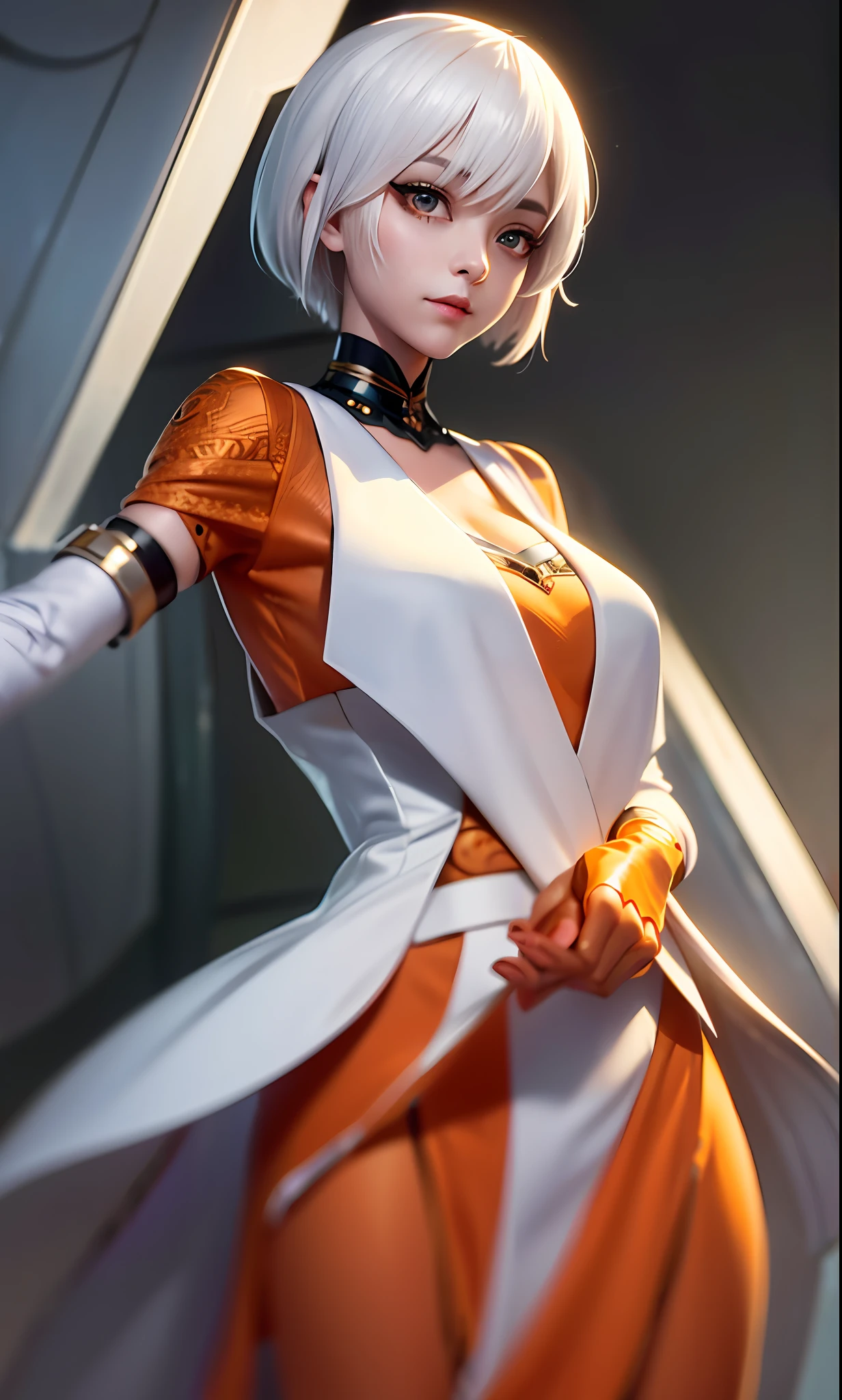 future, female, ((white hair)), short hair,scholar,heavy makeup, cute, big chest, ((orange open chest clothes)),technological sense,8k, best quality, masterpiece, illustration, an extremely delicate and beautiful, extremely detailed ,CG ,unity ,wallpaper, Amazing, finely detail, masterpiece,best quality,official art, extremely detailed CG unity 8k wallpaper,((smile)),tomboy,intricate,((Big eyes)),((perfect eyes)),highly detailed, sharp focus,rich background,loli,epic,rich detail cloth,