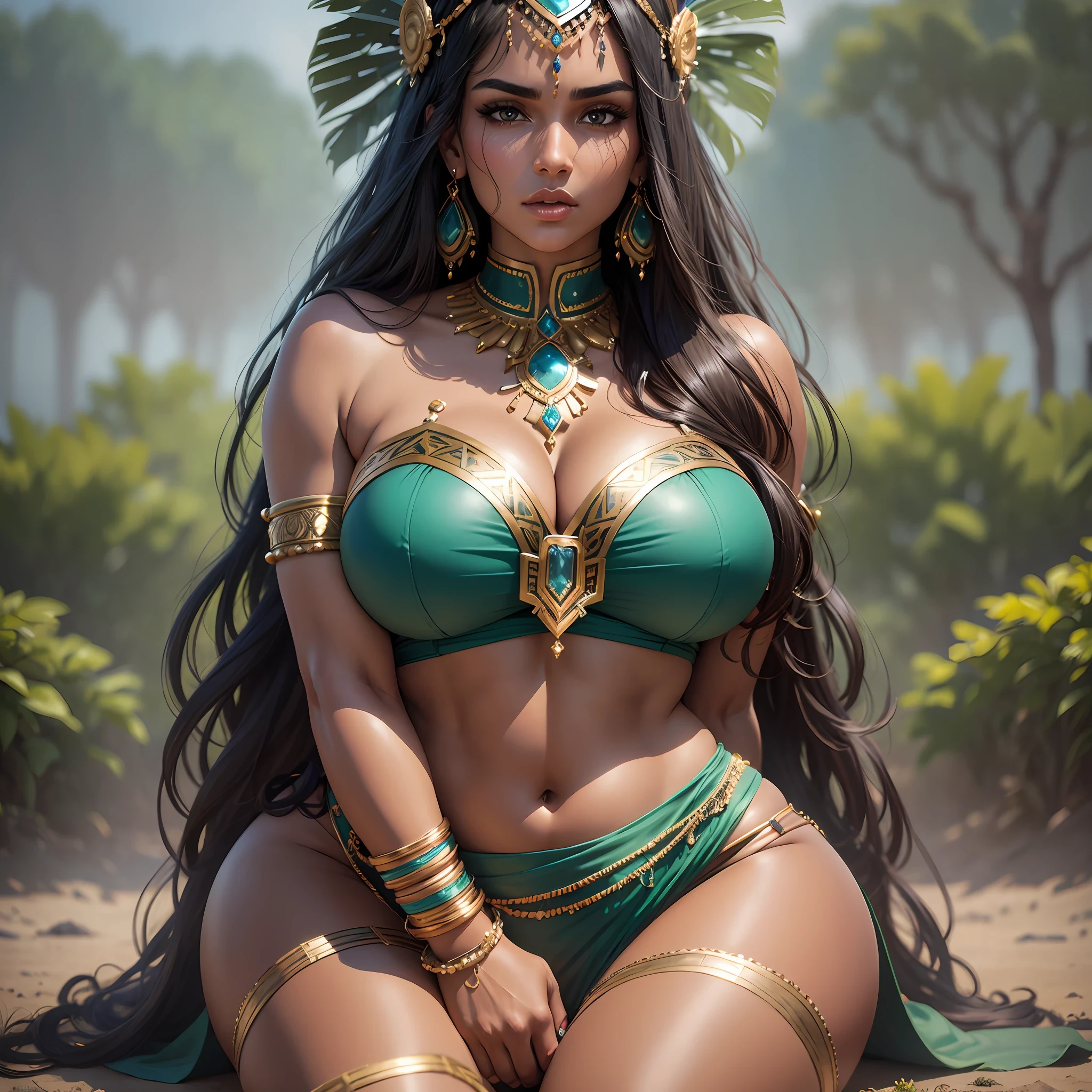 Very dark brunette, Indian skin color. Robust, plentiful, generous forms. Thorax broad and robust. Thick, strong arms. Very thick and long legs. Exaggeratedly large, bulky, giant, huge, huge, raised breasts. Wears long feathered headdress, garter belt, bracelets, long blue stone earrings. She wears a tight metallic green bikini. Front view, kneeling. Over a plain field. Realistic photographic style. --auto --s2