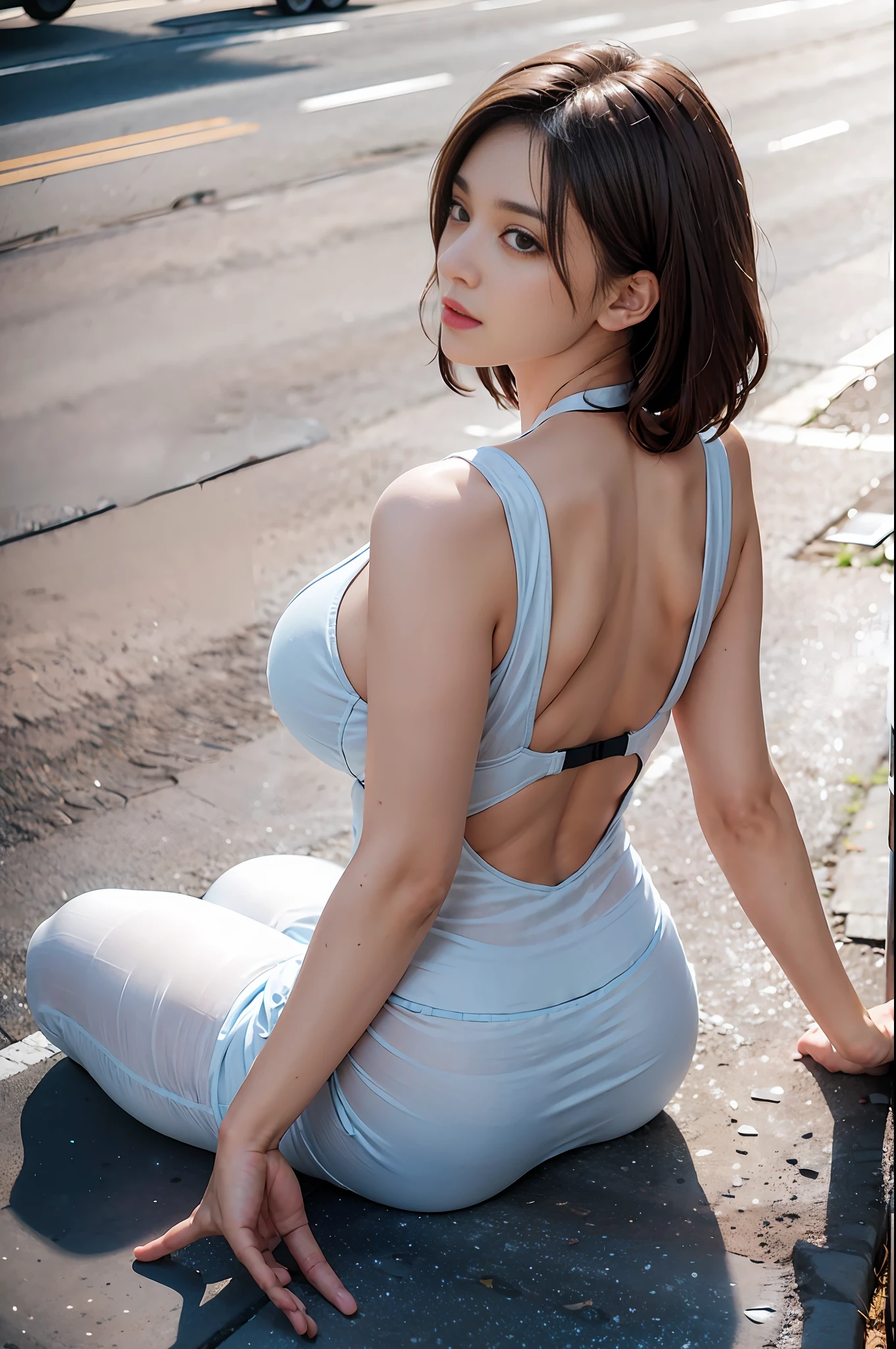 The back of a girl in a women's suit, (exaggerated size of super huge breasts), (hanging breasts) very good figure, perfect appearance, delicate face, short brown hair, (back photo), realism, super high resolution, full of details, high detail, contours of thick muscles, (girl's body lying on the ground in pose), (girl looking at the girl from the ground), (wearing transparent clothes)