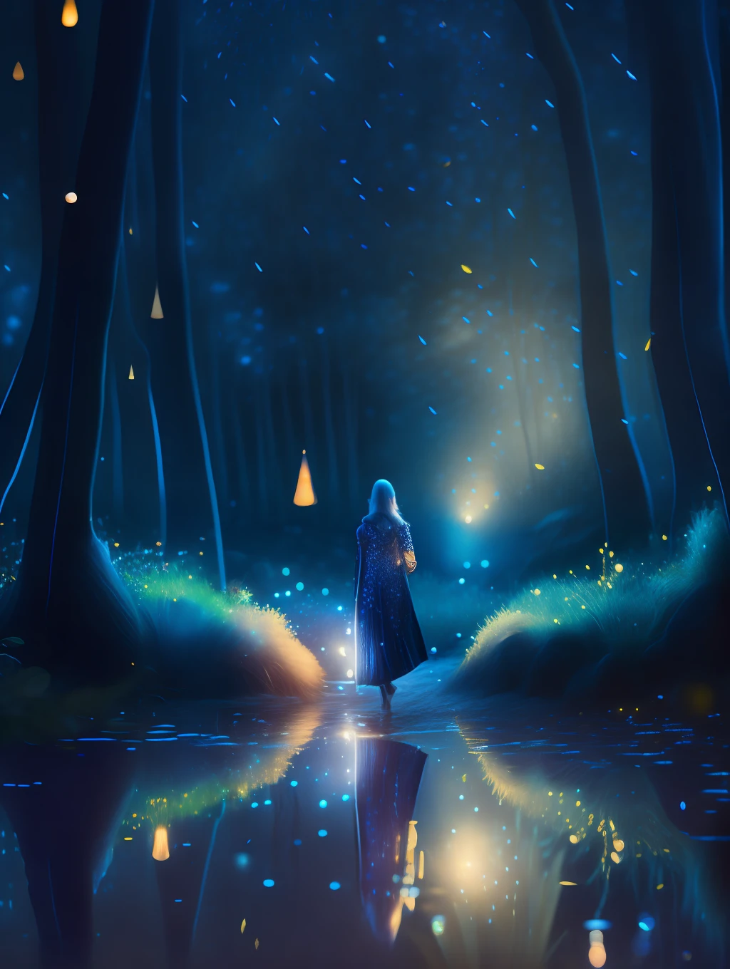 ( Masterpiece) Create a realistic close-up image of a stunning beautiful ethereal elf walking through a field of fireflies, mirrors, fireflies over the water, photograph, wonder, amazement, night, cinematic lighting, 8k, dreamy, ethereal, lightcore, cinematic, digital art, glow in the dark, starry