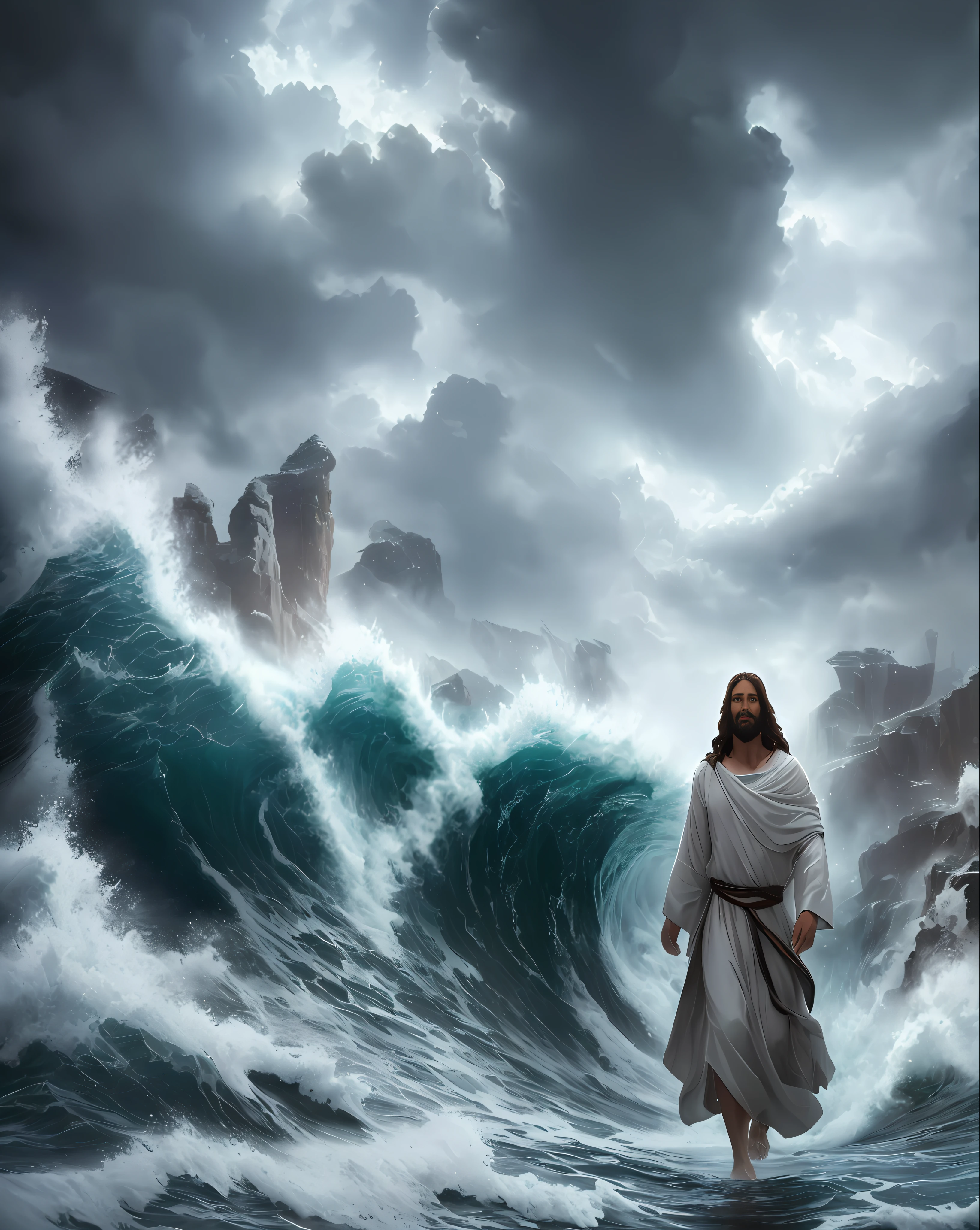 jesus walking in the ocean with a large wave, jesus walking on water, the sea and storms behind him, standing in a maelstrom, in rough seas with large waves, epic biblical depiction, in a storm, torment and waves, it's running between a storm, the lord and savior, apocalyptic tumultuous sea, jesus christ, standing against the storm