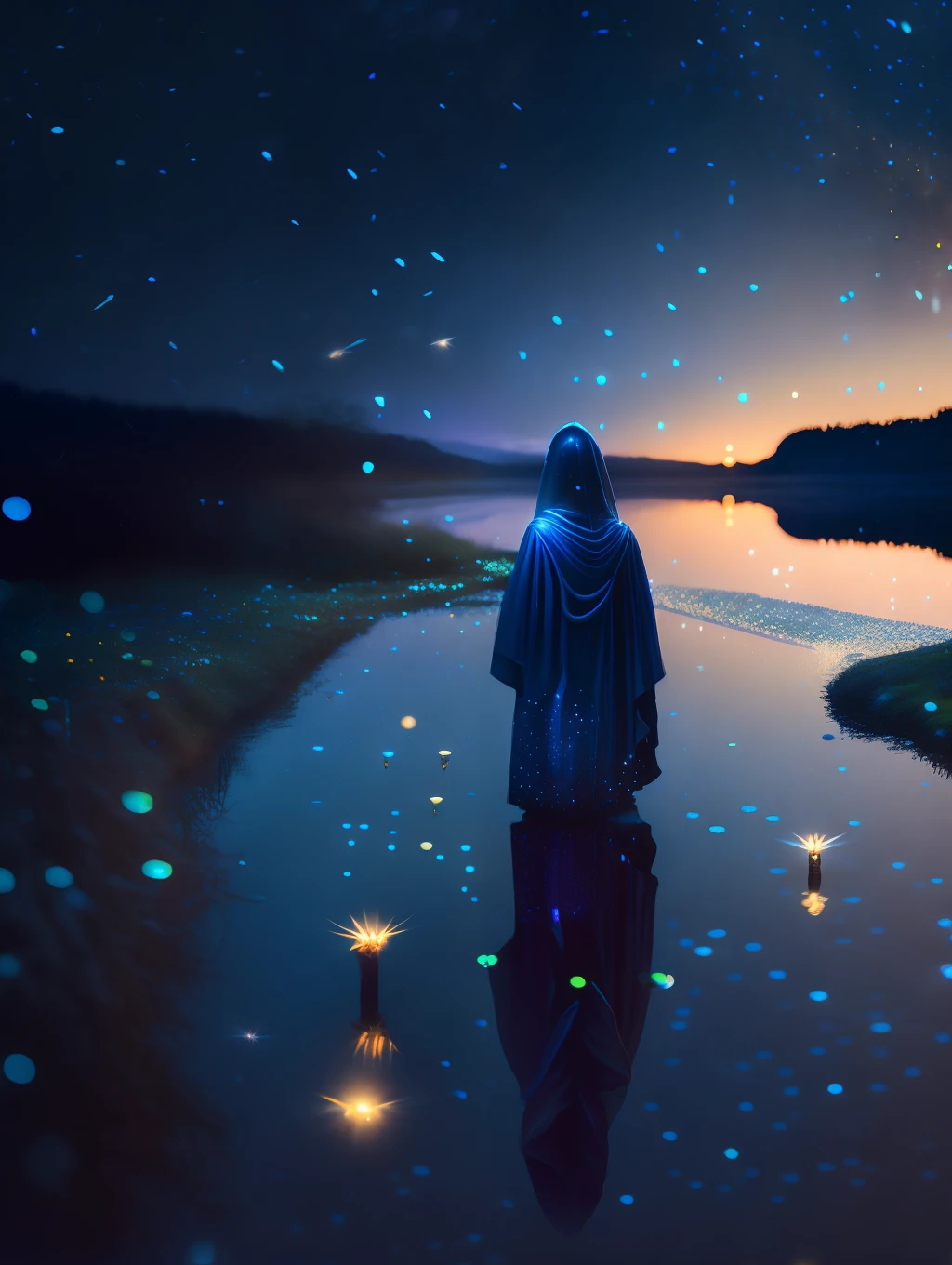 ( Masterpiece) Create a realistic close-up image of a stunning beautiful ethereal elf walking through a field of fireflies, mirrors, fireflies over the water, photograph, wonder, amazement, night, cinematic lighting, 8k, dreamy, ethereal, lightcore, cinematic, digital art, glow in the dark, starry