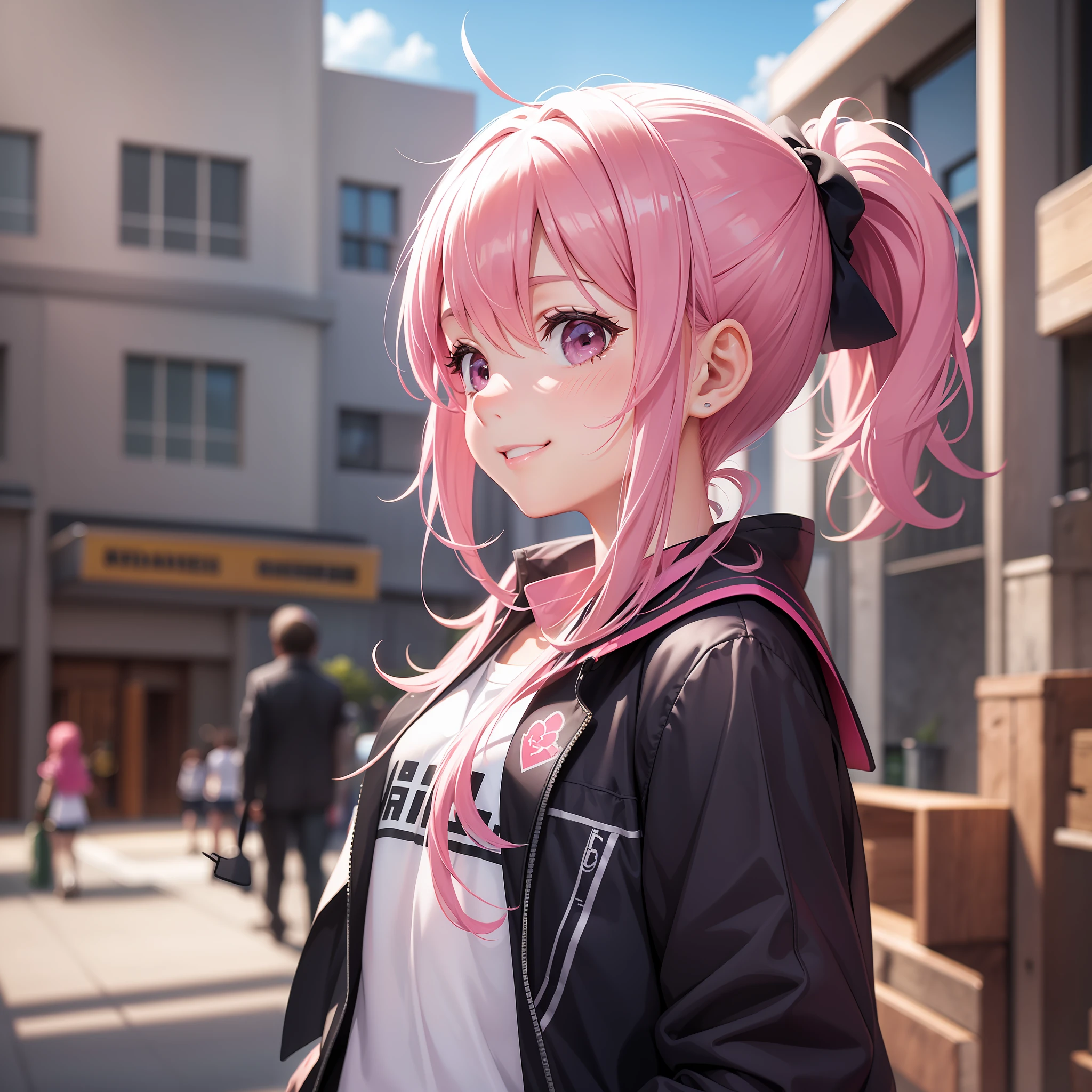 Little Girl Little Randoseru Girl Smile Pink Hair Ponytail Best Quality Ultra High Definition Masterpiece School