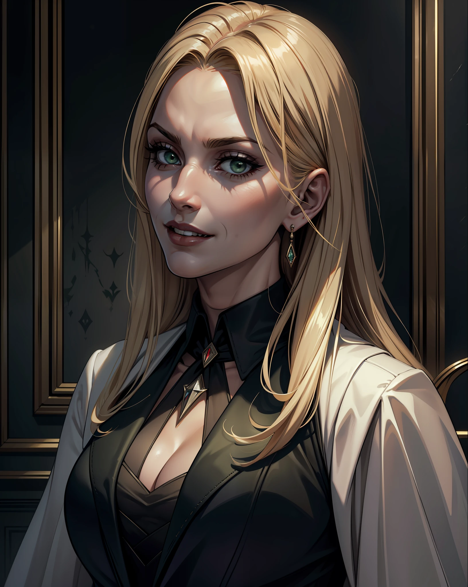 (extremely detailed 8k wallpaper), dark theme, Vampire the Masquerade, modern horror, 2020s, beautiful woman old age, wearing chic designer white and black executive suit, expensive jewelry, sharp focus, (subsurface scattering:1.1), award-winning photography, centered face, Cristiana Arcangeli's face, ((a Ventrue vampire)), half-body photo:1.1, long dark blonde hair, green eyes:1.2, serious smile, in, luxurious apartment at night, dramatic lighting