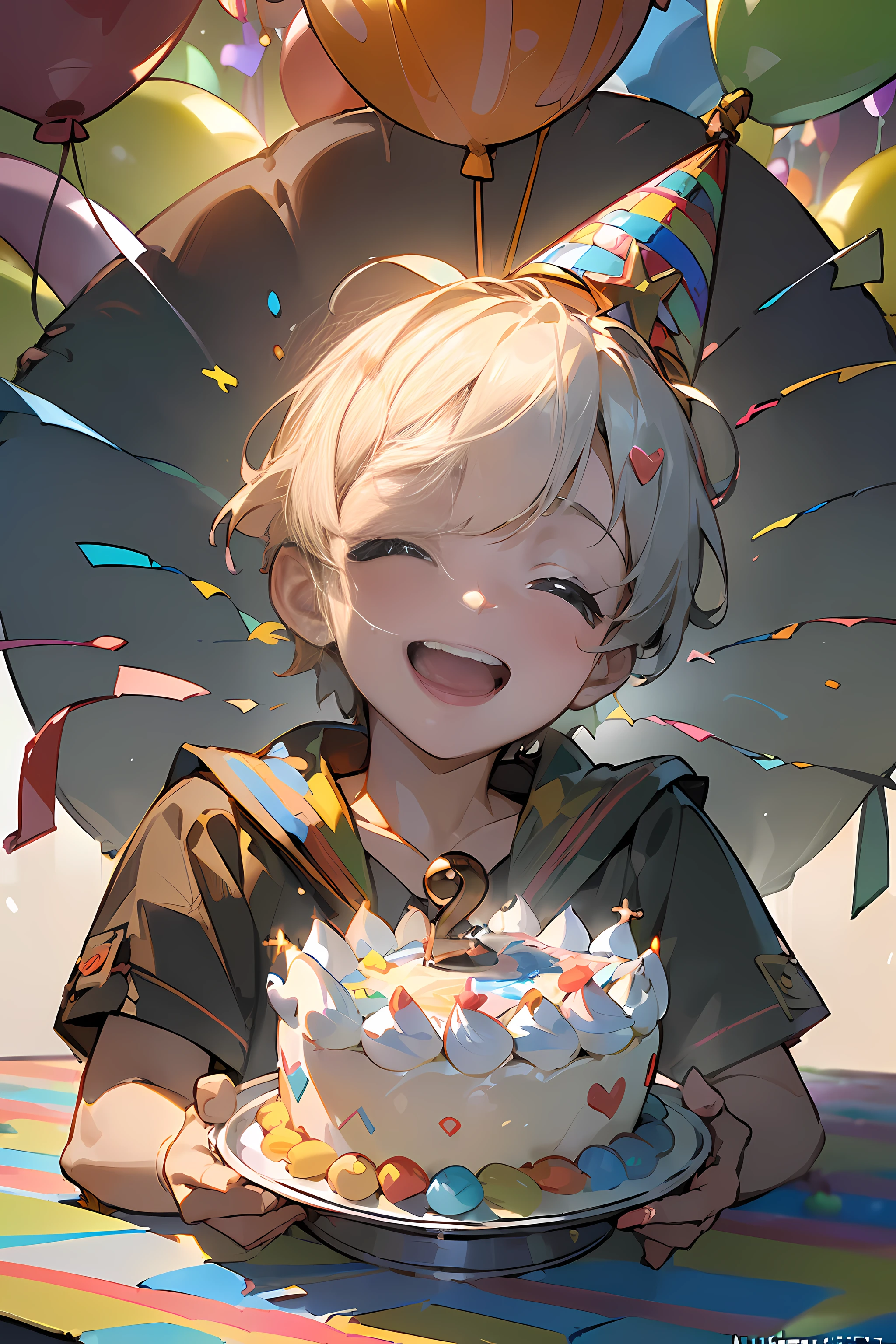 ((best quality)), ((masterpiece)), (detailed:1.2), (realistic:1.2), (official art), (extremely detailed CG unity 8k wallpaper:1.5), Happy Birthday, (cheerful young boy:1.2), (bright smile and sparkling eyes:1.2), (colorful party hat:1.2), (festive balloons and decorations:1.2), (excitement and joy in the air:1.2), (delicious birthday cake with candles:1.2), (surrounded by friends and loved ones:1.2), (laughter and playful moments:1.2), (unwrapping presents with anticipation:1.2), (making birthday wishes:1.2), (creating unforgettable memories:1.2), (celebrating another year of growth:1.2), (filled with happiness and love:1.2), (birthday surprises and treats:1.2), (capturing the essence of childhood joy:1.2), (celebrating the special boy's day:1.2), (showering him with love and blessings:1.2), (a day to celebrate his uniqueness:1.2), 8k resolution:1.2