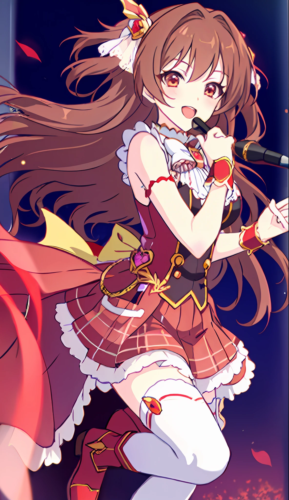 18 Love Beautiful Girl, Masterpiece, Top Quality, 8K Anime, Detailed Fingers, Precise Fingers, Unnatural Hands, Illustrations, 1 Girl, Solo, Brown Long Hair, Red Idol Costume, Red Mini Skirt, Red Sex Eyes, White Knee Socks, Nozomi,