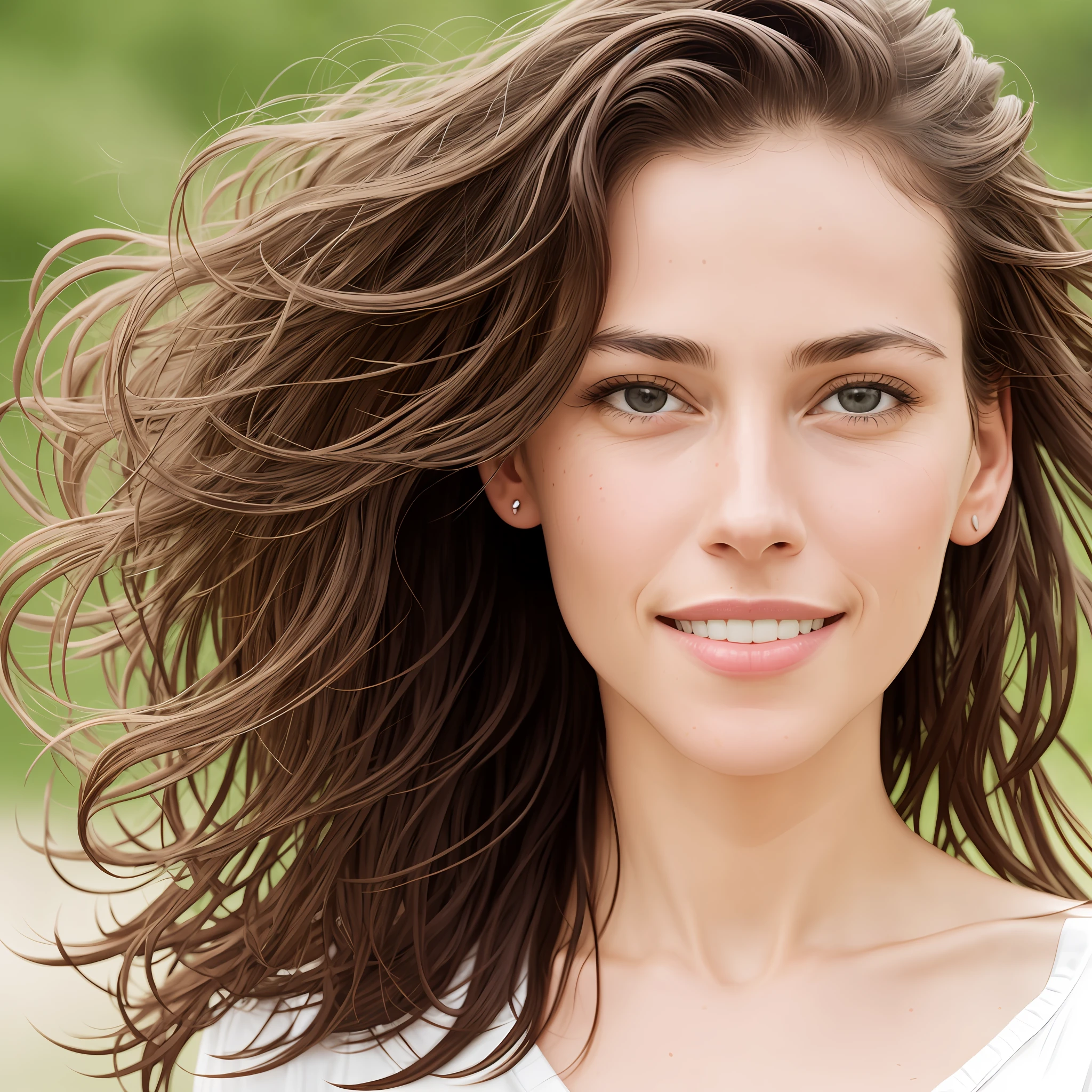 The camera is at an average distance from the focus, so it takes up a considerable part of the environment, but still has space around it. It is a plan of POSITIONING and MOVEMENT. RAW, style, A stunning portrait of a woman over 40 years old and beautiful with striking features. She should have long, loose hair, a captivating look, and a cheerful expression. The background should be a park, allowing the woman to be the focal point of the image. Please pay close attention to details, such as highlights and shadows on your face and hair, to create a realistic and realistic image. Try different lighting techniques to improve the mood and atmosphere of the portrait. The final product should be a masterpiece that captures the essence and beauty of the woman, ((highly detailed skin, skin details)), sharp focus, volumetric mist, 8k UHD, DSLR, high quality, film grain, Fujifilm XT3.