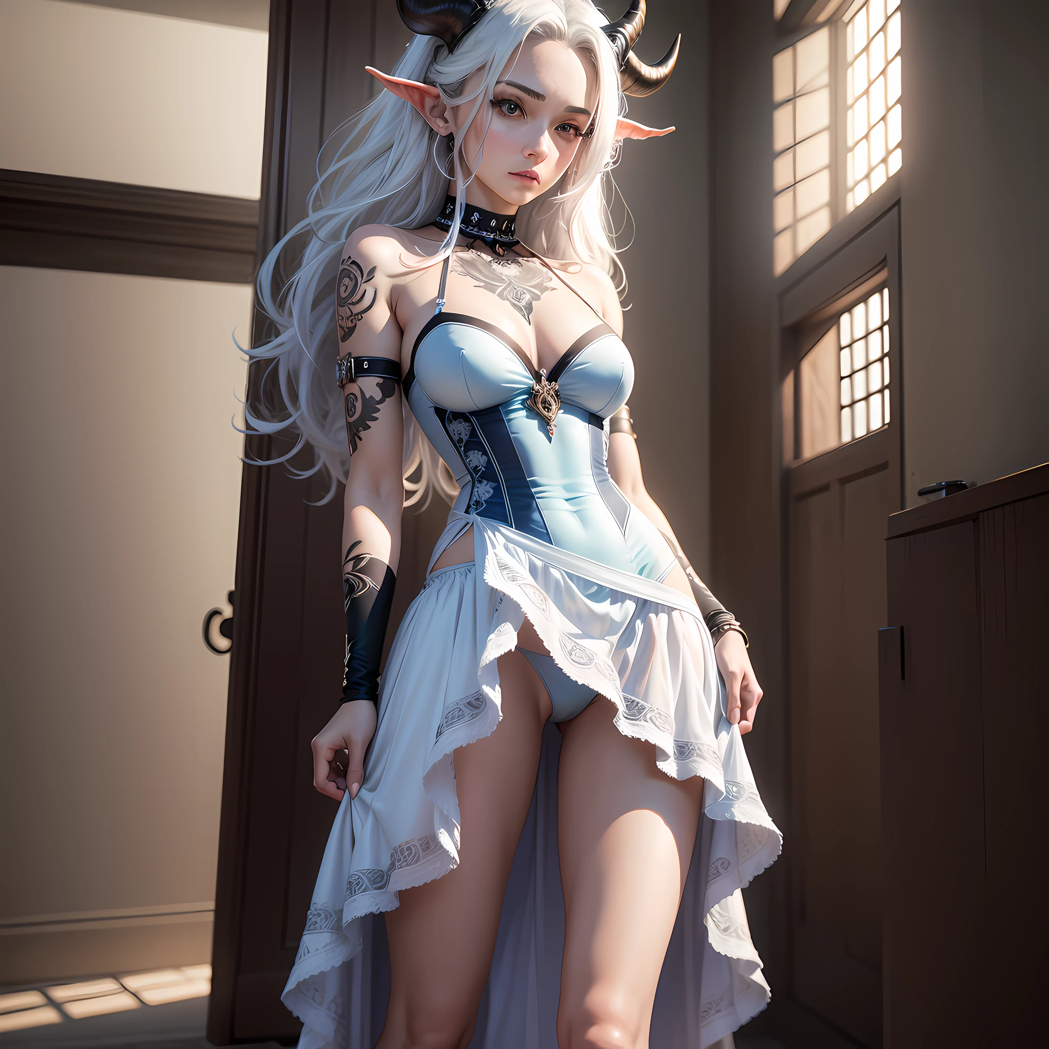 Masterpiece, 8k full hd, slim girl, realistic, small chest, snug chest, heaving chest, breast beak mark, big ass, thin hip, wide waist, full body, side body, horns, bluish white hair, big hair, short dress with thin strap, open dress on the back, marked panties, neck tattoo, realistic image, highest quality, cinematic light, sensational,  realistic work of art. --auto --s2