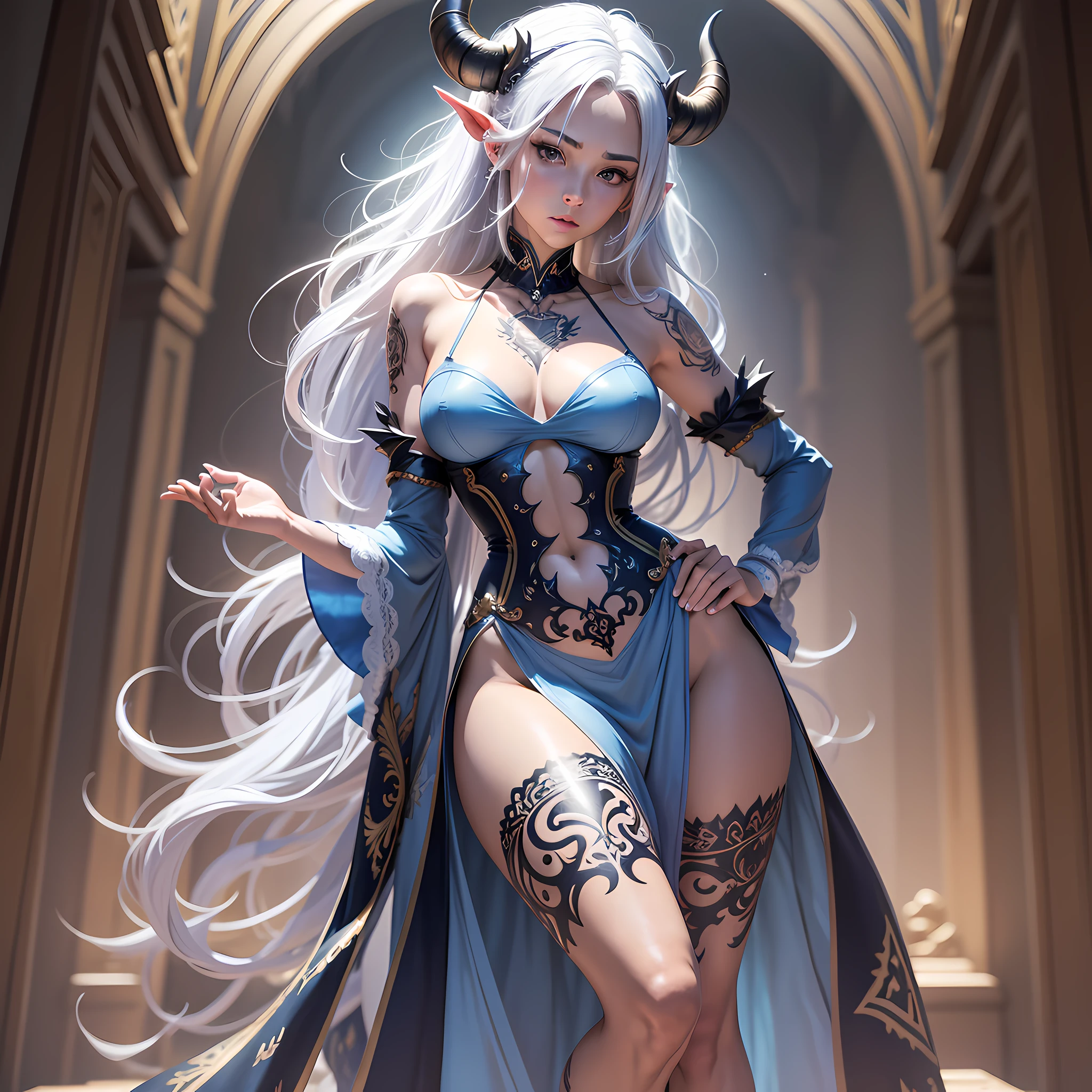 Masterpiece, 8k full hd, slim girl, realistic, small chest, snug chest, heaving chest, breast beak mark, big ass, thin hip, wide waist, full body, side body, horns, bluish white hair, big hair, short dress with thin strap, open dress on the back, marked panties, neck tattoo, realistic image, highest quality, cinematic light, sensational,  realistic work of art. --auto --s2