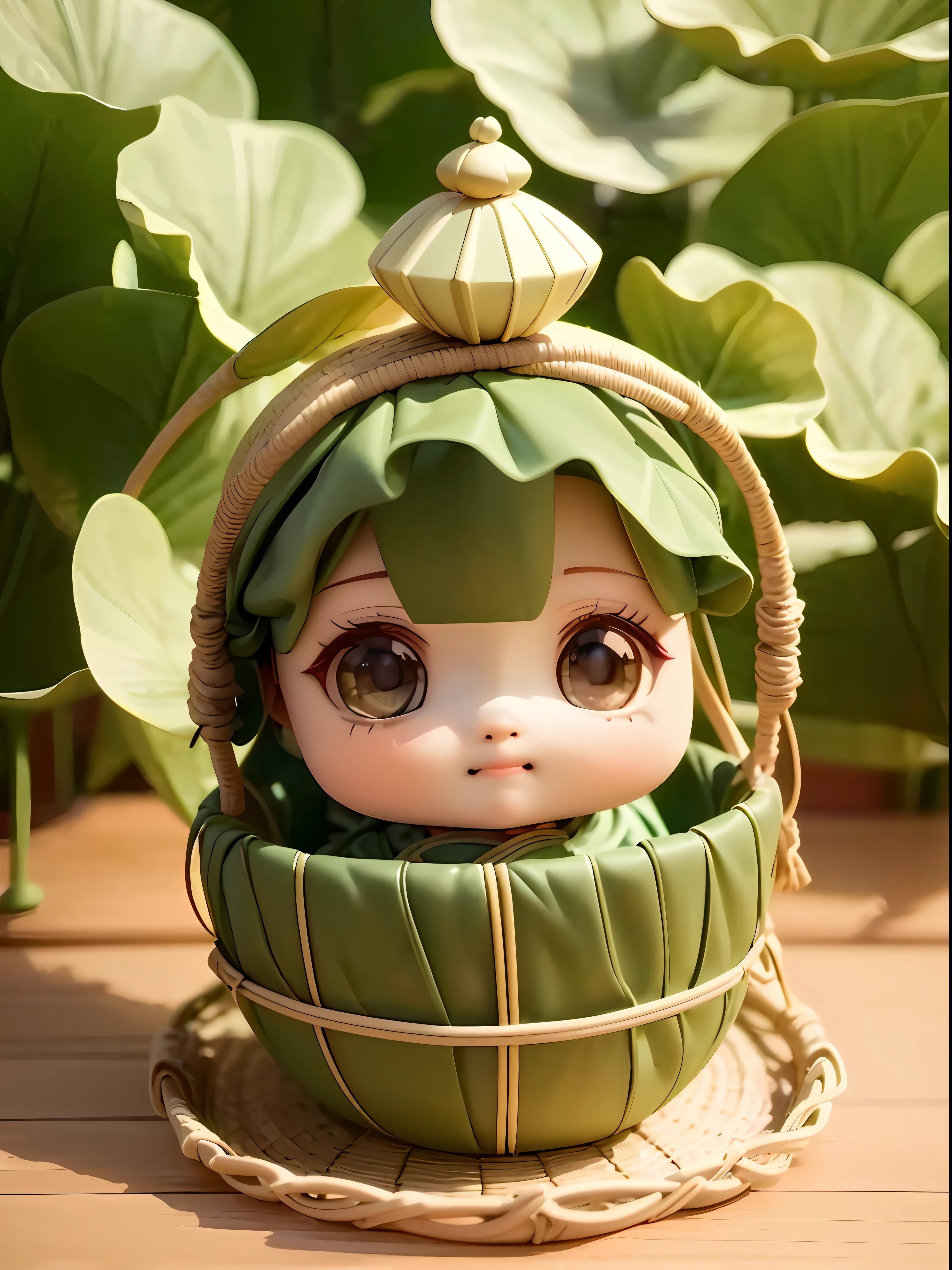 there is a doll that is sitting in a basket with a leaf on it, cute detailed digital art, adorable digital painting, cute 3 d render, cute pocelain doll, cute digital art, with very highly detailed face, kawaii realistic portrait, cute natural anime face, 3 d render stylized, cute detailed artwork, nendoroid 3 d, anime figurine