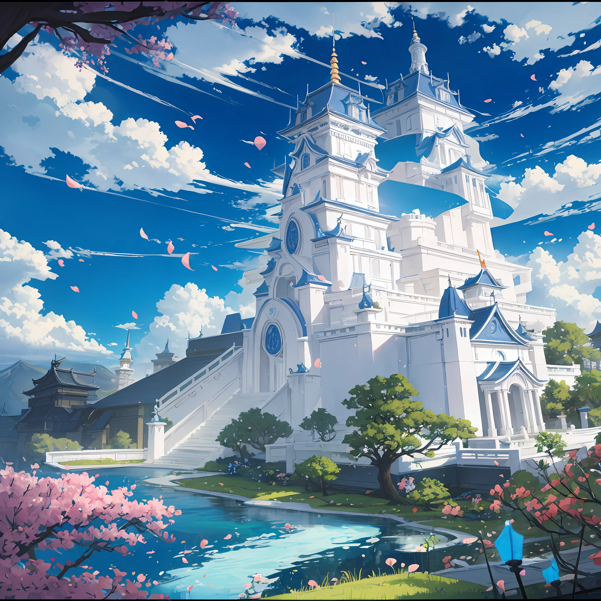 (kaisen jujutsu style) A large white castle and in front of it a gigantic flowered garden small streams on the clouds, masterpiece best quality top quality best quality --auto --s2