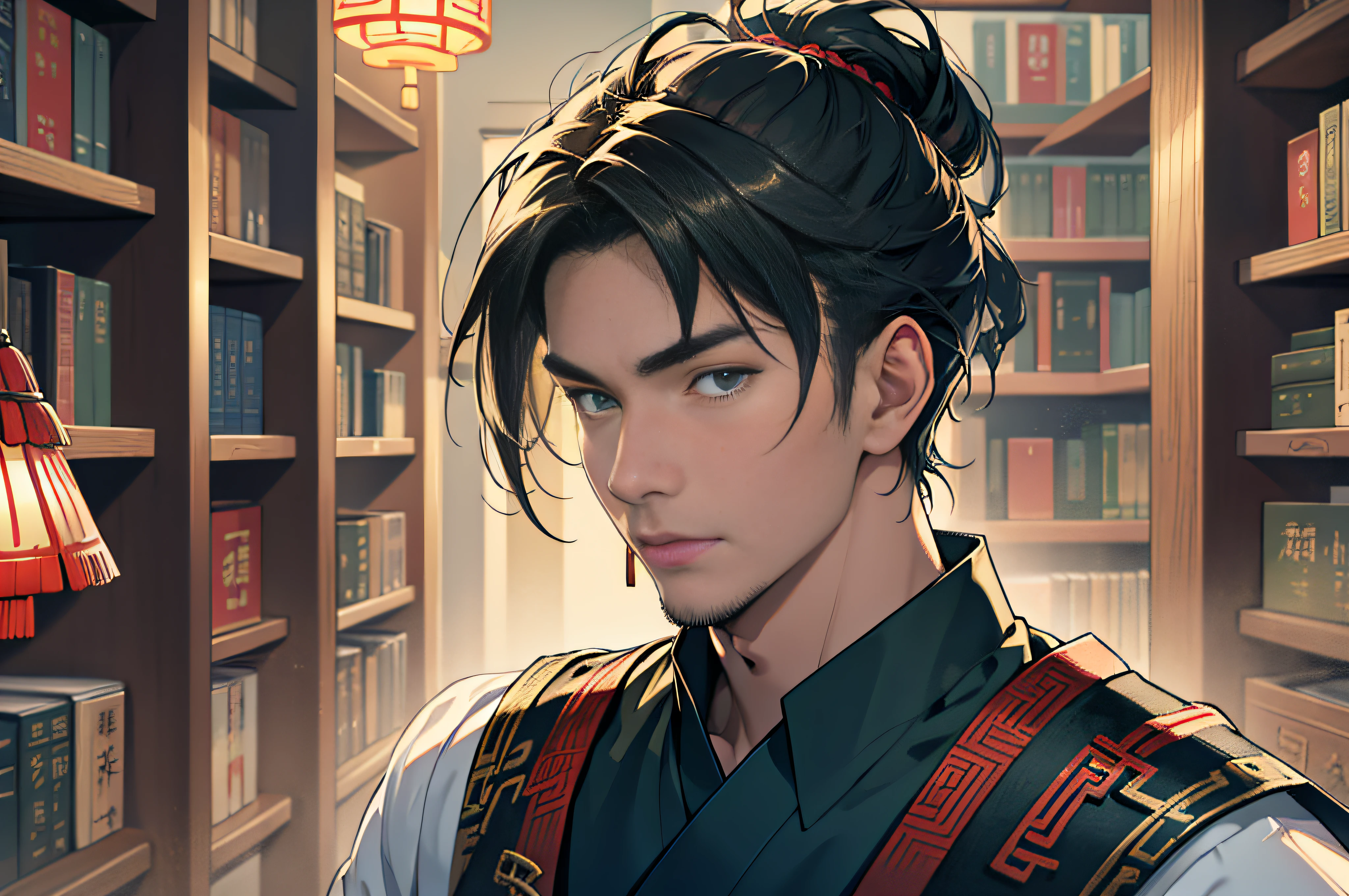 Best quality, masterpiece, high resolution, 1boy, ancient Chinese, 18 years old, samurai head, tall, oncoming on, clear face, no stubble, green exercise uniform, rows, bookshelf, mockery, library cabinet, 4k, 8k. Chinese ancient style. (High Detail Skin: 1.2), 8K UHD, DSLR, Soft Light, High Quality, Volumetric Light, Voyeur, Photo, High Resolution, 4K, 8K.