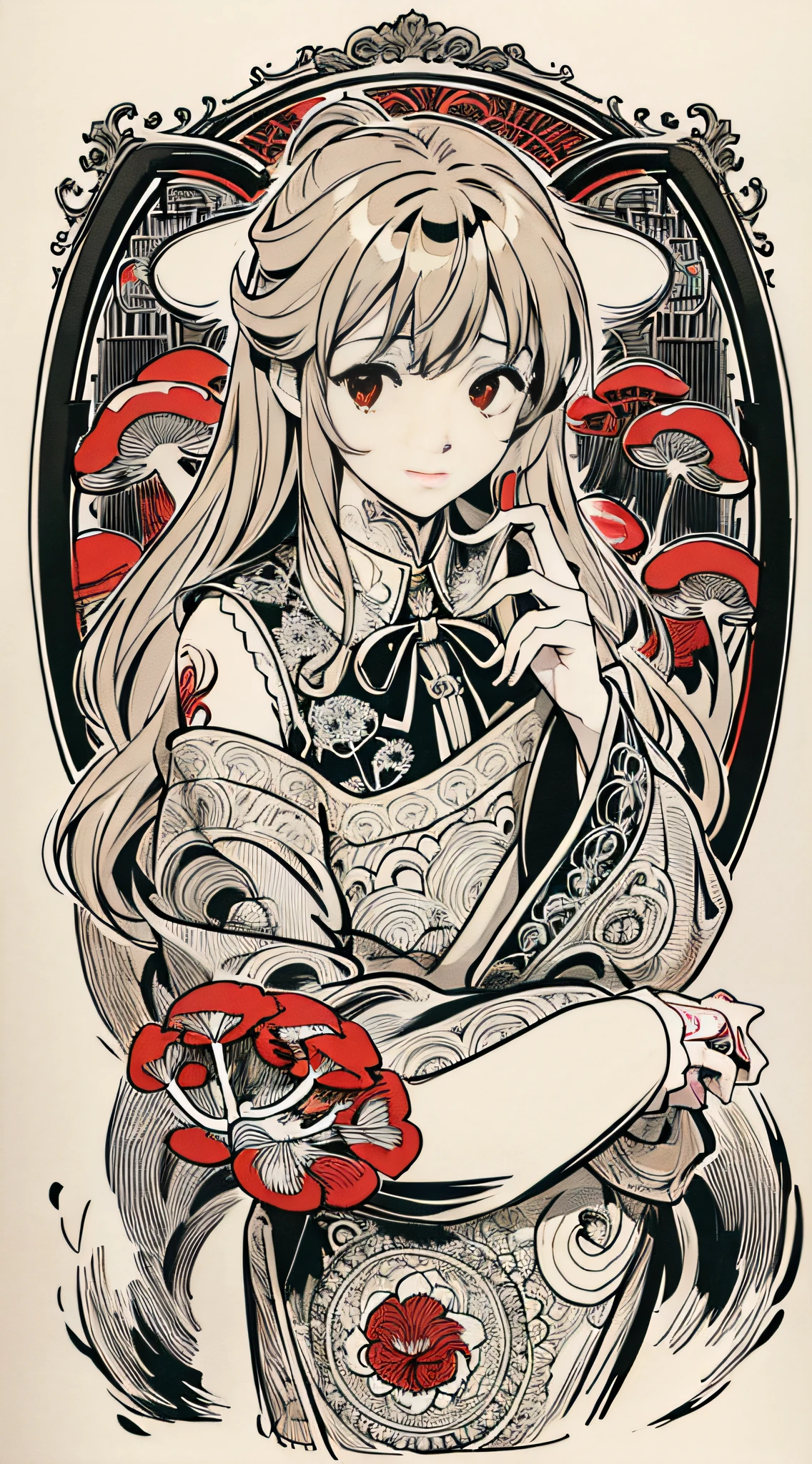 (by Yuko Higuchi:1.4),Higuchi Yuko,(by Yoh:1.2),(lineart),line drawing,pen drawing,(tattoo pattern:1.2),(Intricate lines),(masterpiece),(best quality:1.1),(ultra-detailed),best illustration,finely detail,hand drawn high quality,High contrast,(clean lines:1.3),ligne claire,A little cat is surrounded by red mushrooms,(Intricate details:1.3),(detailed background:1.2),(colored background:1.1),sketch,Intricate details,High Resolution
