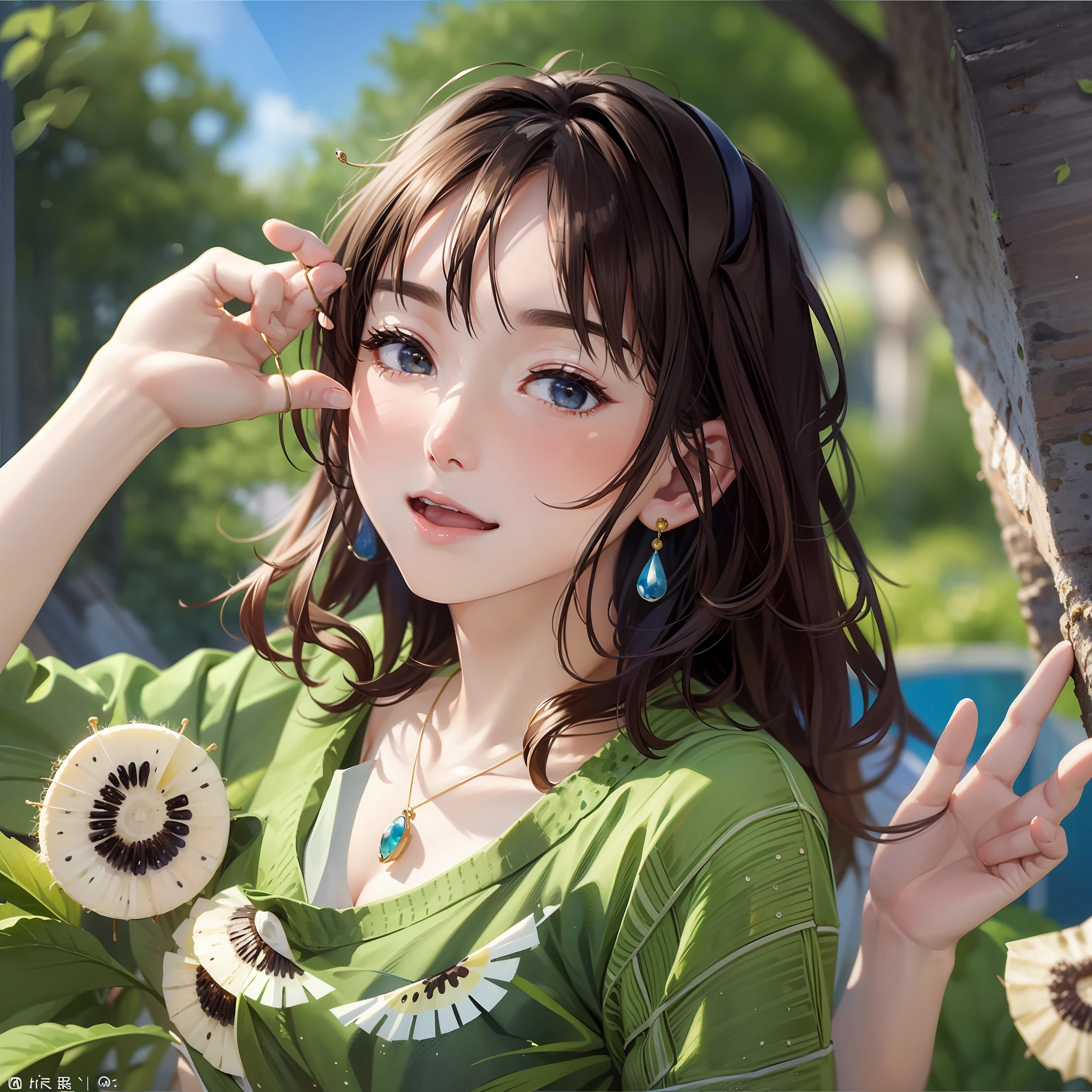 Masterpiece, (1 woman: 1.8), (wink: 1.6), kiwi fruit, light yellow-green skin, open mouth, close eyes, small earrings, small necklace, summer morning, ghibli, cleavage, blue sky