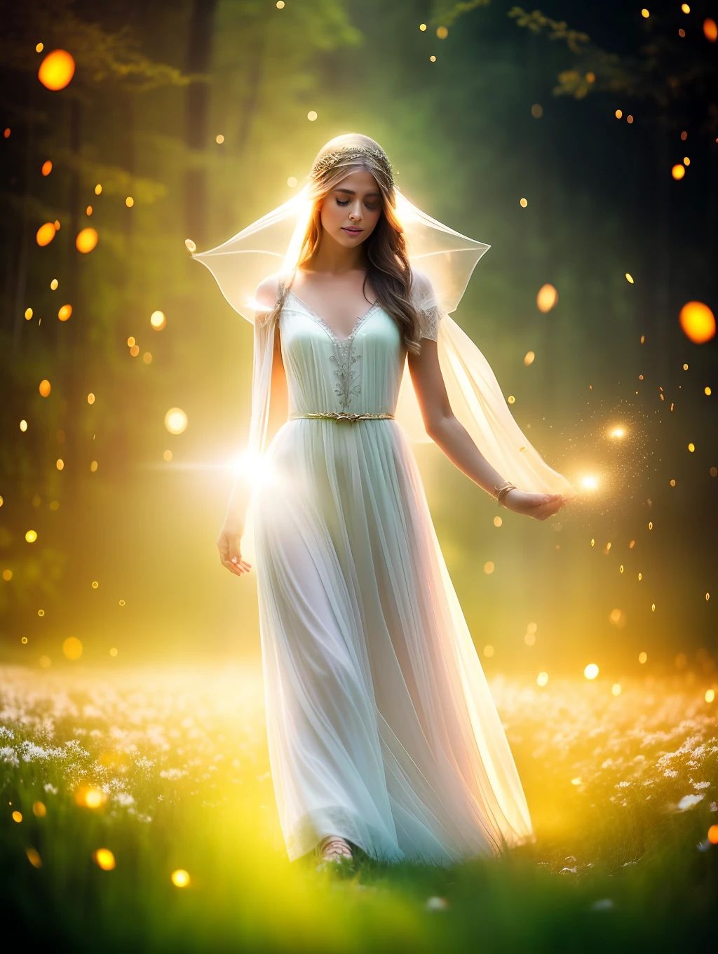 ( Masterpiece) Create a realistic close-up image of a stunning beautiful ethereal elf walking through a field of fireflies, mirrors, fireflies over the water, photograph, wonder, amazement, night, cinematic lighting, 8k, dreamy, ethereal, lightcore, cinematic, digital art, glow in the dark, starry