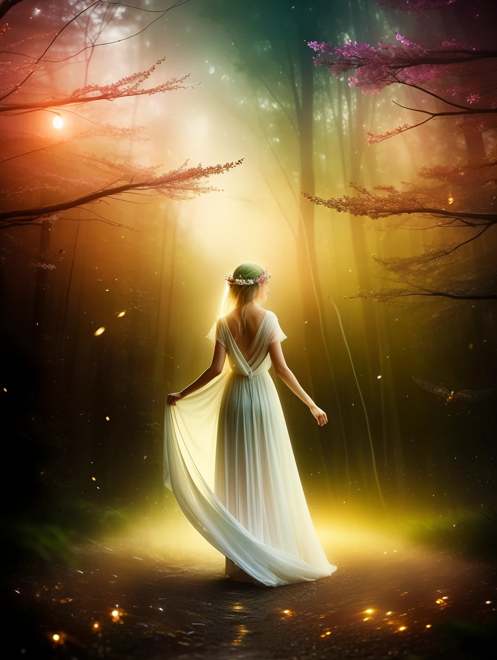 ( Masterpiece) Create a realistic close-up image of a stunning beautiful ethereal elf walking through a field of fireflies, mirrors, fireflies over the water, photograph, wonder, amazement, night, cinematic lighting, 8k, dreamy, ethereal, lightcore, cinematic, digital art, glow in the dark, starry