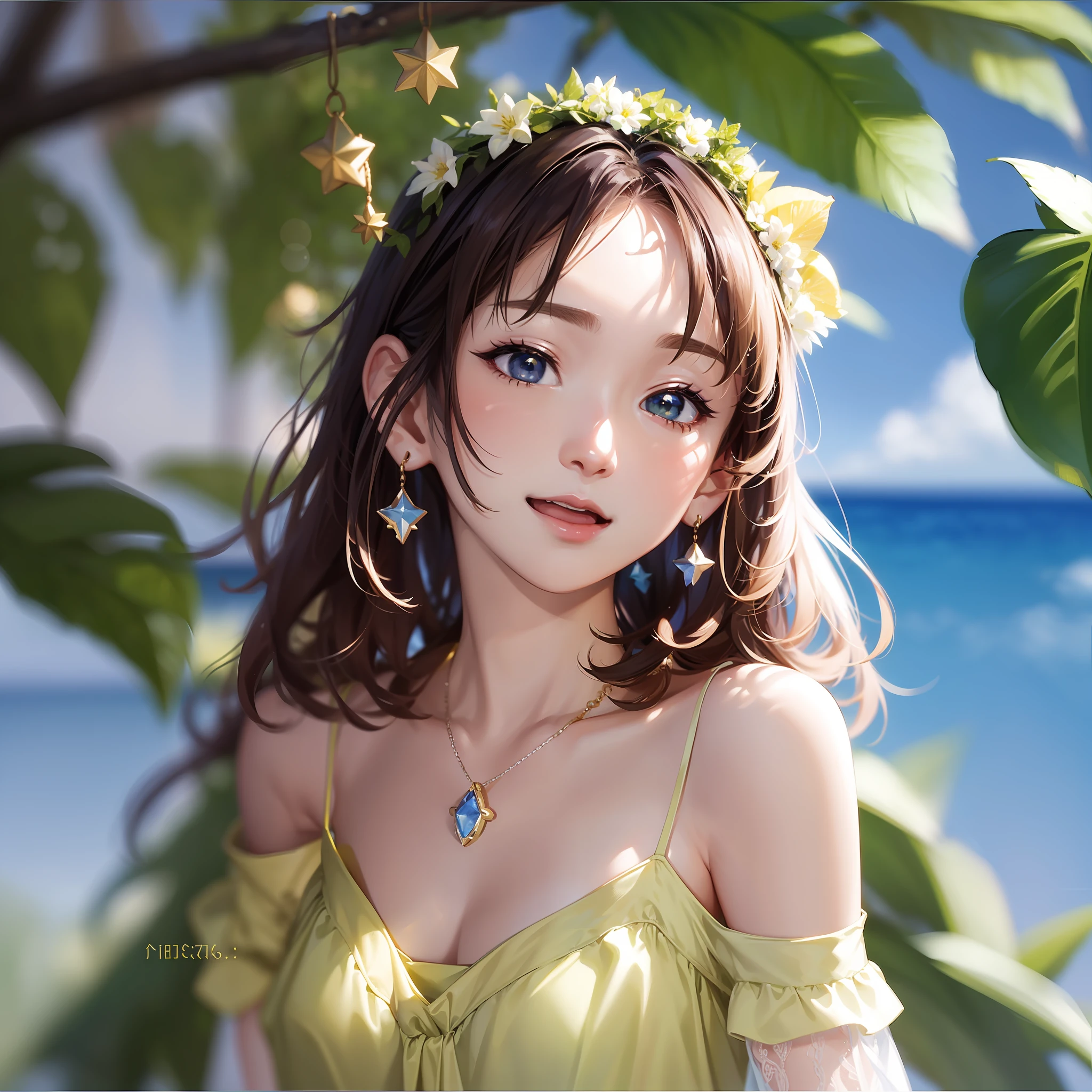 Masterpiece, (1 woman: 1.8), (wink: 1.6), star fruit, light yellow skin, open mouth, close eyes, small earrings, small necklace, summer morning, ghibli, cleavage, blue sky