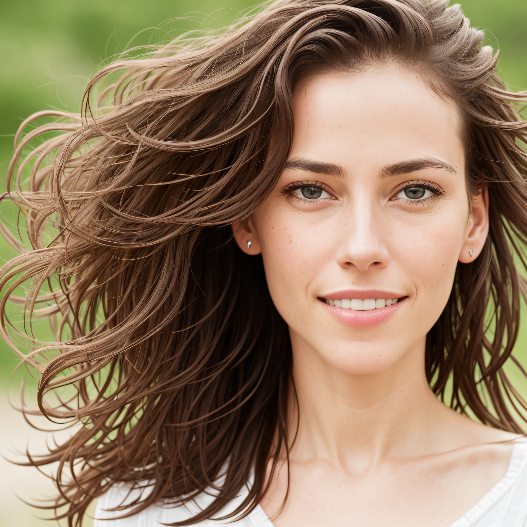 The camera is at an average distance from the focus, so it takes up a considerable part of the environment, but still has space around it. It is a plan of POSITIONING and MOVEMENT. RAW, style, A stunning portrait of a woman over 40 years old and beautiful with striking features. She should have long, loose hair, a captivating look, and a cheerful expression. The background should be a park, allowing the woman to be the focal point of the image. Please pay close attention to details, such as highlights and shadows on your face and hair, to create a realistic and realistic image. Try different lighting techniques to improve the mood and atmosphere of the portrait. The final product should be a masterpiece that captures the essence and beauty of the woman, ((highly detailed skin, skin details)), sharp focus, volumetric mist, 8k UHD, DSLR, high quality, film grain, Fujifilm XT3.
