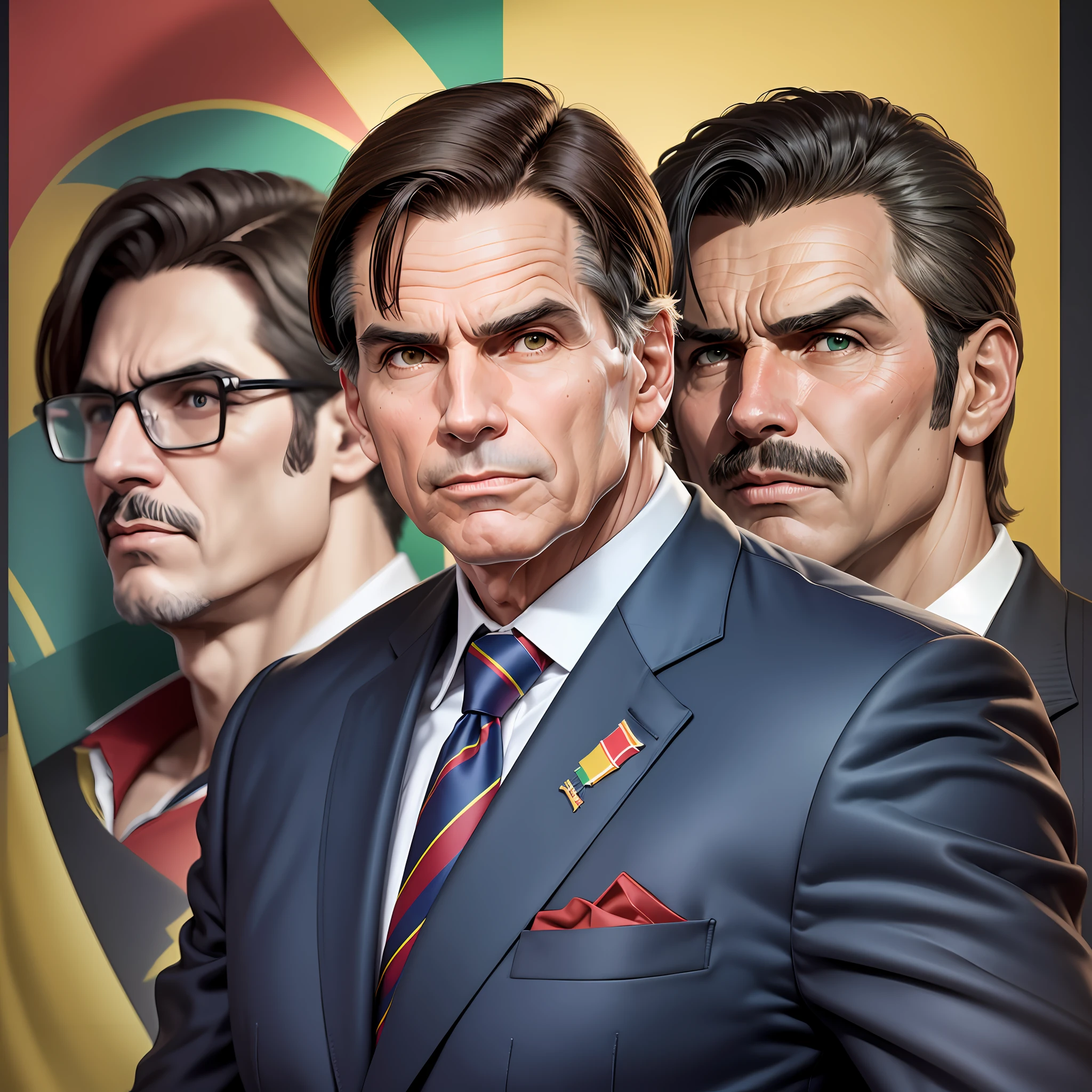 Create a poster, realistic, detailed, of former Brazilian President Jair Bolsonaro, with a look of great gratitude and emotional, without mustache, in a suit, with realistic features axatamente as he is, body from the waist up, and that expresses the imaginary showing all the legacy that he represents with the greatest political capital conquered that a politician has ever built in the entire history of humanity, Strong image, exciting, with the Brazilian people in the background behind Jair Bolsonaro, I have the Congress of Brasilia in the background mixed with the Brazilian flag, HD, better quality, use colors that highlight well (8K) --auto --s2