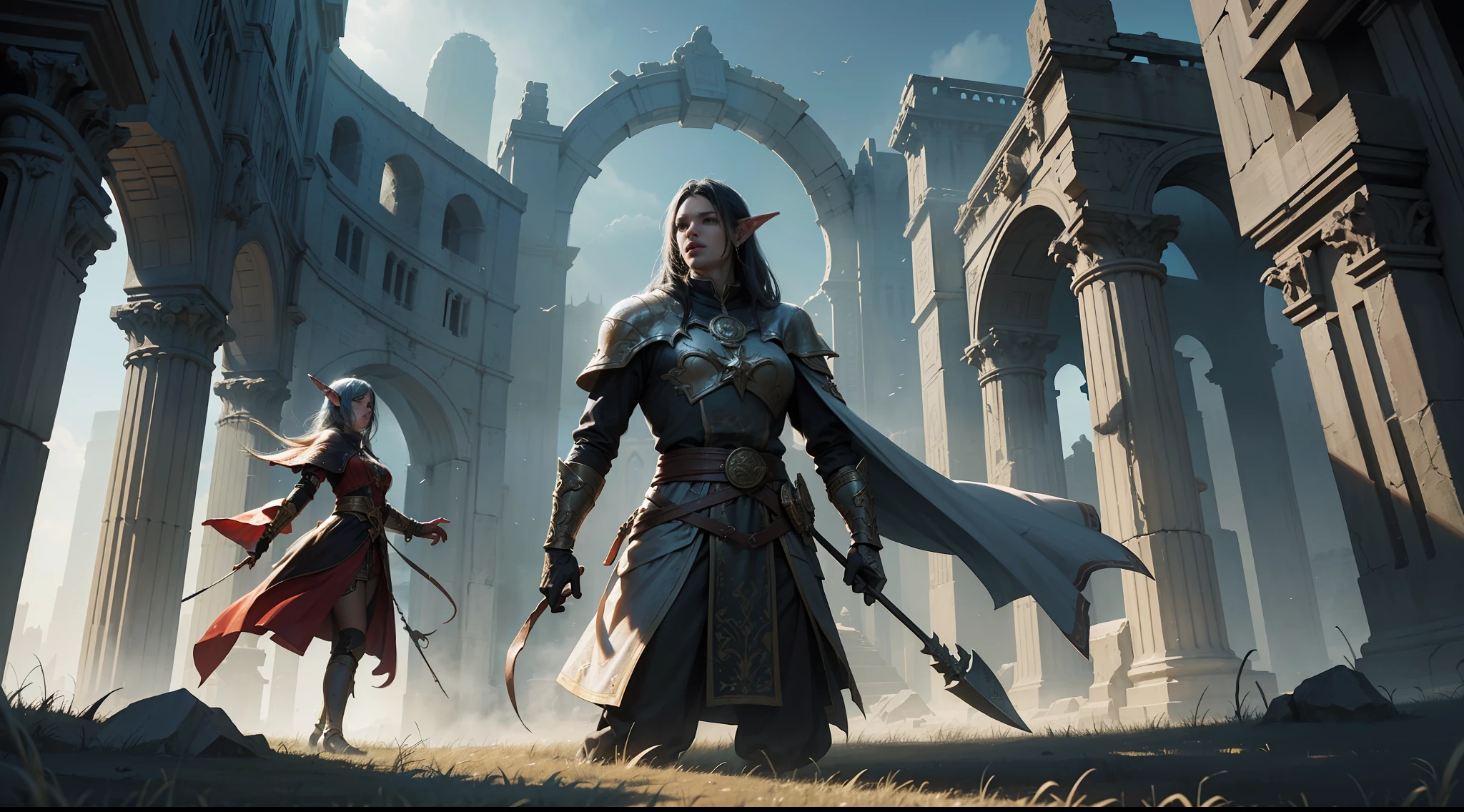 ((Best quality)), ((masterpiece)), (highly detailed:1.3)3D,tanjoreai , Amidst a realm of enchantment and mythical wonders, tales of (heroes:1.1) and (heroines:1.2) unfold. In this realm, ancient prophecies foretell the rise of a chosen champion destined to confront a malevolent force threatening to plunge the world into eternal darkness. The path to victory lies scattered across exotic and otherworldly landscapes, from mist-shrouded forests to towering crystalline peaks and (ethereal floating islands:1.1).Harnessing the arcane arts, (mighty wizards:1.1) conjure spells that weave intricate patterns of magic, while (elven archers:1.1) unleash arrows infused with ancient power. (Dwarven smiths craft legendary weapons:1.1) imbued with the essence of mythical creatures, capable of vanquishing even the most formidable foes.The heroes embark on a perilous quest, guided by ancient scrolls and cryptic riddles. Along their journey, they encounter wise mystics, shape-shifting creatures, and (mysterious sorceresses:1.1) who possess forbidden knowledge.As the heroes traverse the realms, ancient ruins and forgotten temples reveal long-lost secrets and powerful artifacts. The clash of steel and the crackling of (magical energies:1.1) echo through ancient battlegrounds, as the destiny of the world hangs in the balance. The heroes must summon unwavering courage, unwavering unity, and unlock their true potential to overcome seemingly insurmountable odds and fulfill their heroic destinies.In this realm of high fantasy, where the realms of magic and technology intertwine, where legends are born and (epic:1.2) sagas unfold, where heroes rise and villains fall, embark on a grand adventure that will captivate the imagination and transport you to a world where anything is possible,HDR (High Dynamic Range),Ray Tracing,NVIDIA RTX,Super-Resolution,Unreal 5,Subsurface scattering,PBR Texturing,Post-processing,Anisotropic Filtering,Depth-of-field,Maximum clarity and sharpness,Multi-layered textu