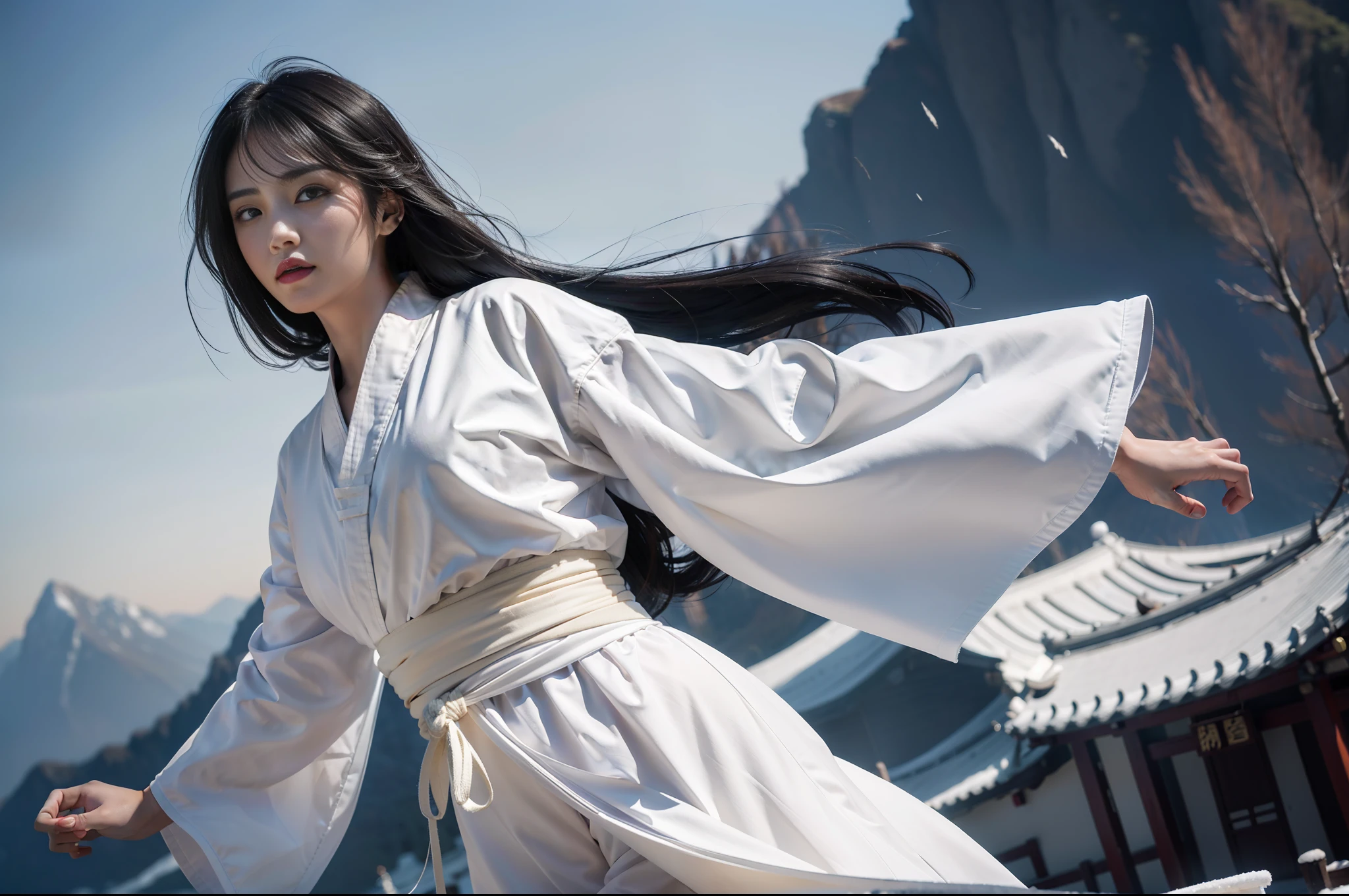 Beautiful Chinese woman with long black hair, dressed in white Hanfu robe practicing martial arts in heavy snow, big vista, long-range shot, exquisite facial details, style influenced by ancient Chinese art, photo realism, high-end - ar 3:2 - q 5 - v 5.1 - style raw - s 750, (extremely detailed CG Unity 8k wallpaper), (Front view: 1.2), (Karate player: 1.9), (Kung Fu Master: 2.9), body flying in the air body off the ground, mountain top, shunguang (sunlight on the body: 1.3), hair blown up by the wind and scattered, standing, (winter mountain: 1.2), (heavy wind: 1.1), (strong wind: 1.5), (strong wind: 1.5), NSFW, (eye contact: 1.2), front hair bangs, complex, high detail, sharp focus, dramatic, photorealistic painting art