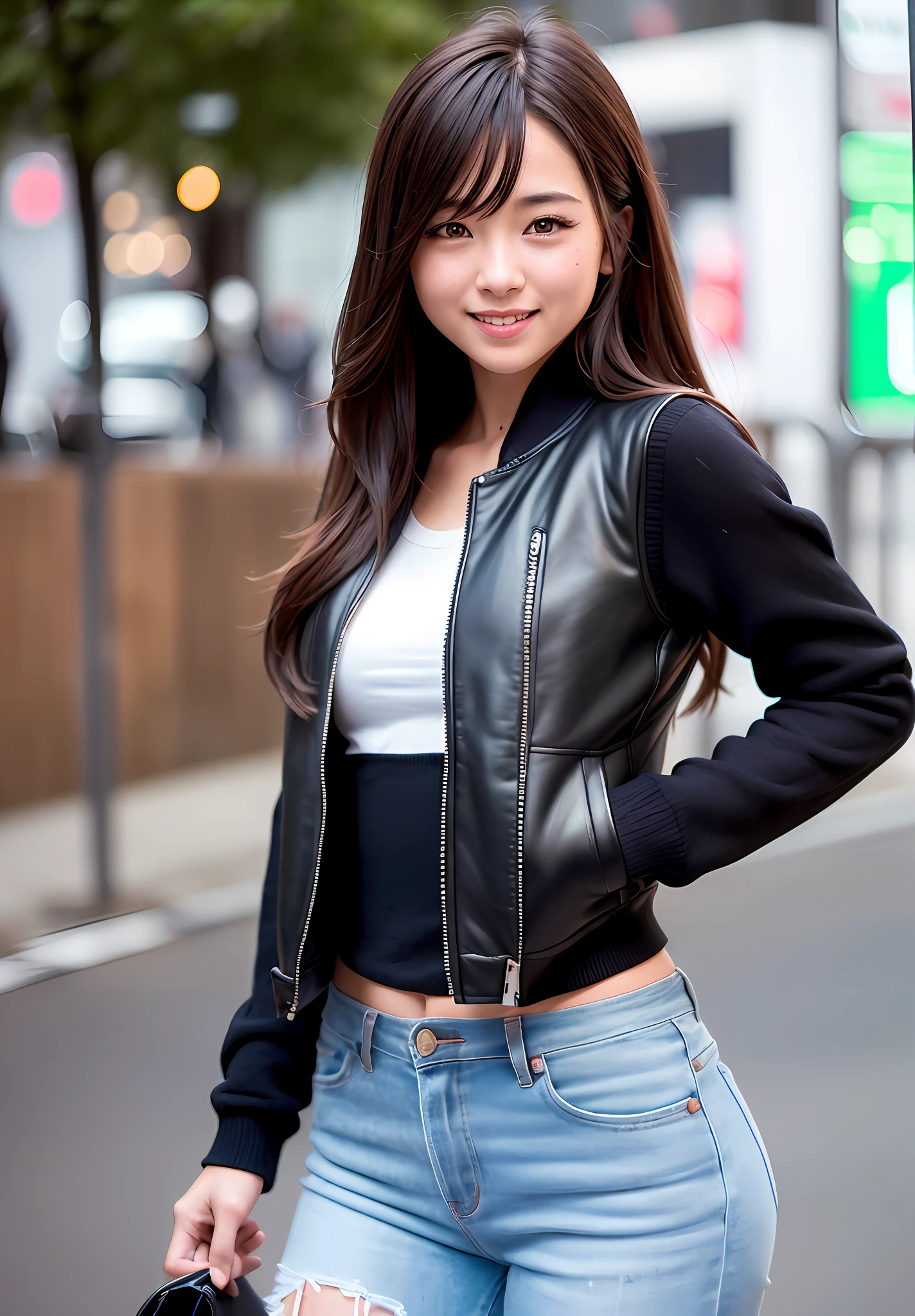 (Photorealistic: 1.4), (Specific: 1.3), (Realistic, Photorealistic: 1.37), (Medium View: 1.5), (Half Body), Girl, Best Quality, Ultra High Definition, Tokyo Street, Vest, Long Hair, Big, Hips, Smile, Slim, Nipple, Night, Awkward, Open Jacket,
