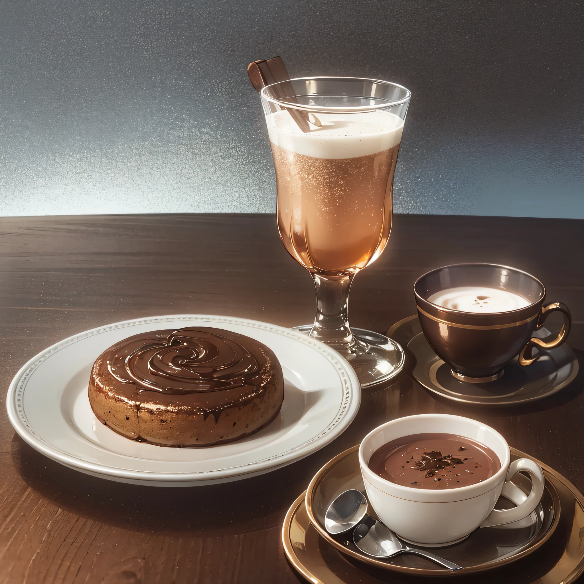 Delicious, creamy, juicy, table in dark brown tones, hot chocolate glass, glass of carbonated water, room with great lighting, gray shade background, best quality, high resolution, realistic, 4k --auto --s2
