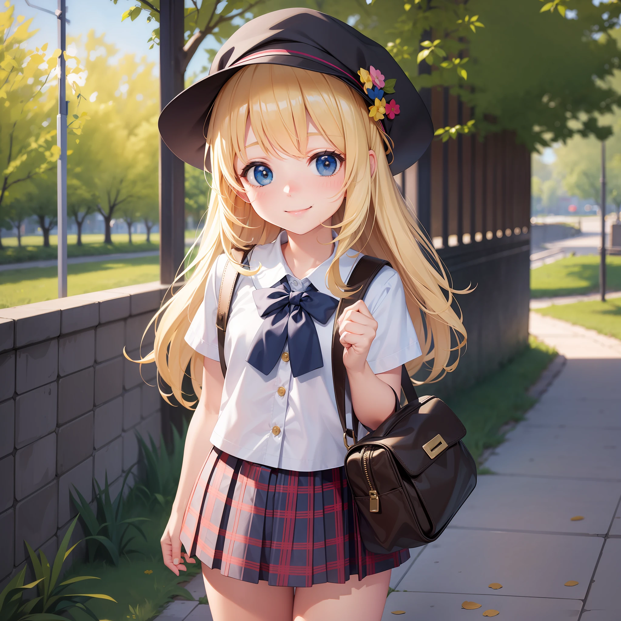 blonde girl school bag little cute smile top quality school ultra high definition masterpiece