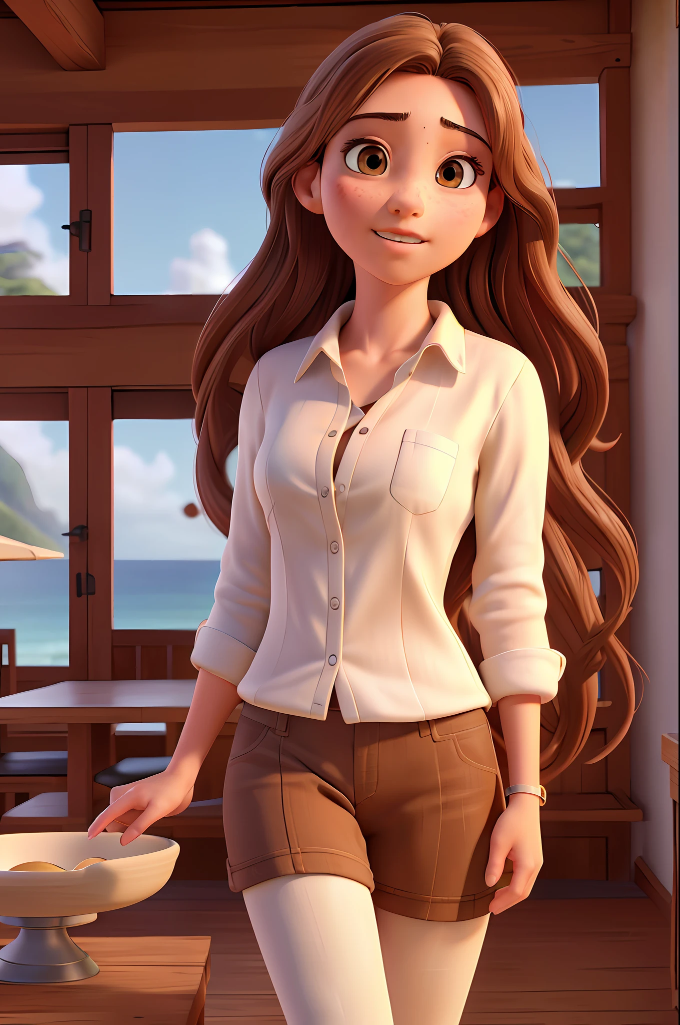 ultra detailed, highres, (realistic, photo-realistic:1.4), 8k, raw photo, (masterpiece), (best quality), physically-based rendering, Female college student, long brown hair, Korea, beach, looking, stocking, unbuttoned_white_shirt,