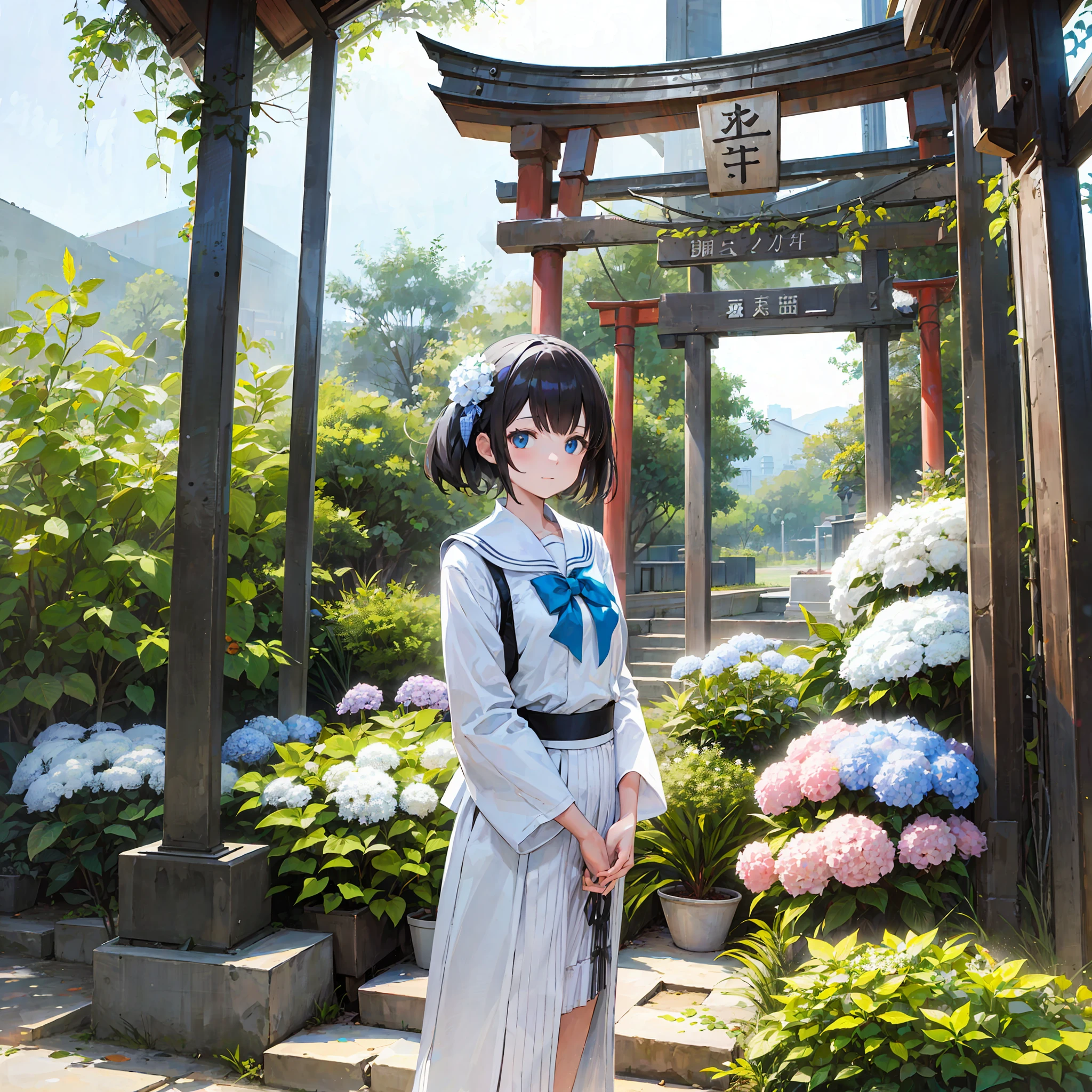 schoolgirl, solo, uniform, morning sun, white hydrangea, torii, from above, illusion, --auto --s2