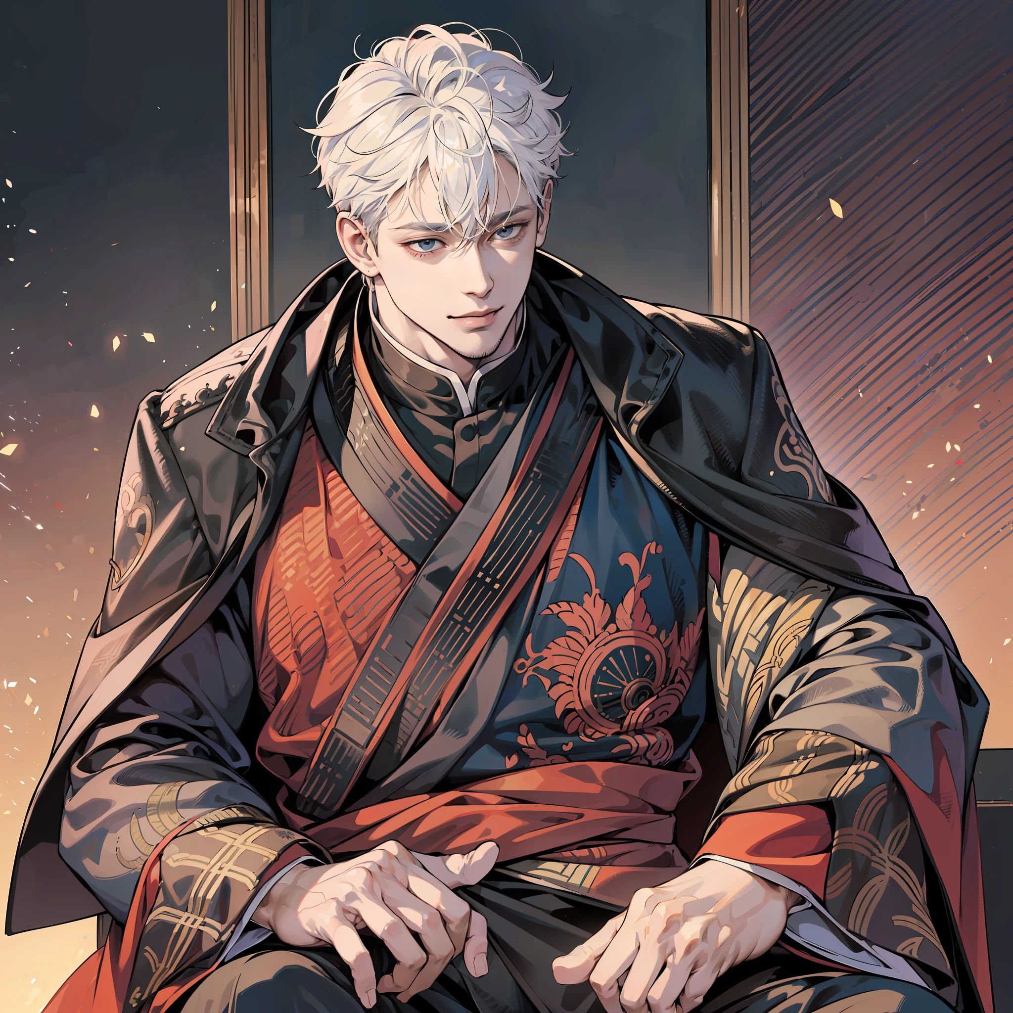 (open image) (jujutsu kaisen style), (line art:1.5), (1 men:1.3), ((color)), mature man, royal robes, crown on his head, low beard, white hair, (masterpiece, sentadd on the royal throne, sadistic smile, exaggerated expression,superior quality, best quality), well detailed strokes, extremely detailed background, good composition, good anatomy, perfect lighting, good shading, (realistic:1.3), --auto --s2