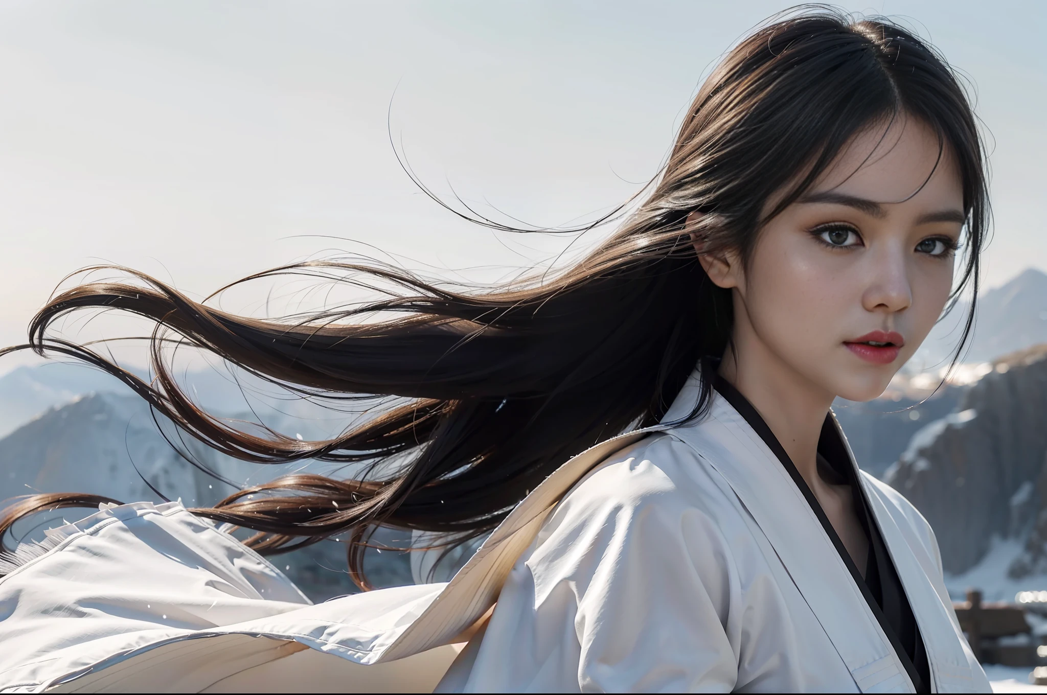 Beautiful Chinese woman with long black hair, dressed in white Hanfu robe practicing martial arts in heavy snow, big vista, long-range shot, exquisite facial details, style influenced by ancient Chinese art, photo realism, high-end - ar 3:2 - q 5 - v 5.1 - style raw - s 750, (extremely detailed CG Unity 8k wallpaper), (Front view: 1.2), (Karate player: 1.9), (Kung Fu Master: 2.9), body flying in the air body off the ground, mountain top, shunguang (sunlight on the body: 1.3), hair blown up by the wind and scattered, standing, (winter mountain: 1.2), (heavy wind: 1.1), (strong wind: 1.5), (strong wind: 1.5), NSFW, (eye contact: 1.2), front hair bangs, complex, high detail, sharp focus, dramatic, photorealistic painting art