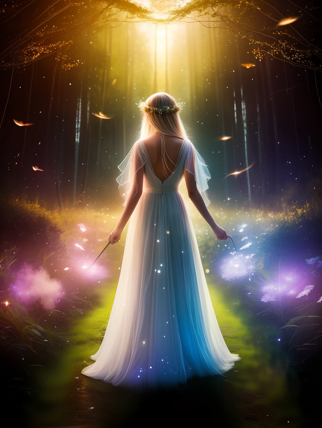 ( Masterpiece) Create a realistic close-up image of a stunning beautiful ethereal elf walking through a field of fireflies, mirrors, fireflies over the water, photograph, wonder, amazement, night, cinematic lighting, 8k, dreamy, ethereal, lightcore, cinematic, digital art, glow in the dark, starry