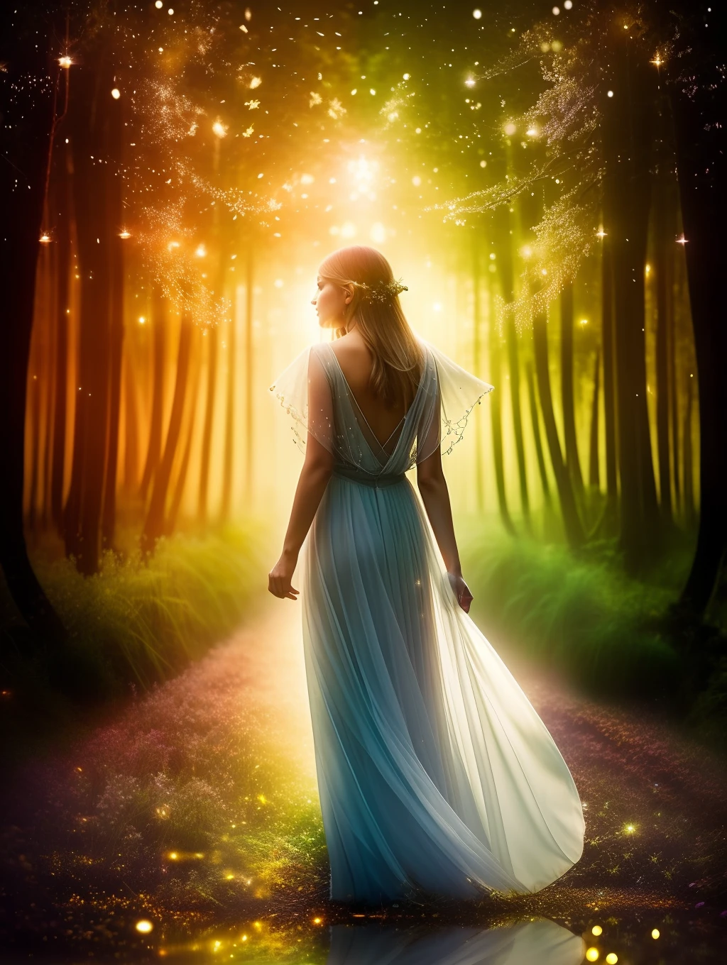( Masterpiece) Create a realistic close-up image of a stunning beautiful ethereal elf walking through a field of fireflies, mirrors, fireflies over the water, photograph, wonder, amazement, night, cinematic lighting, 8k, dreamy, ethereal, lightcore, cinematic, digital art, glow in the dark, starry