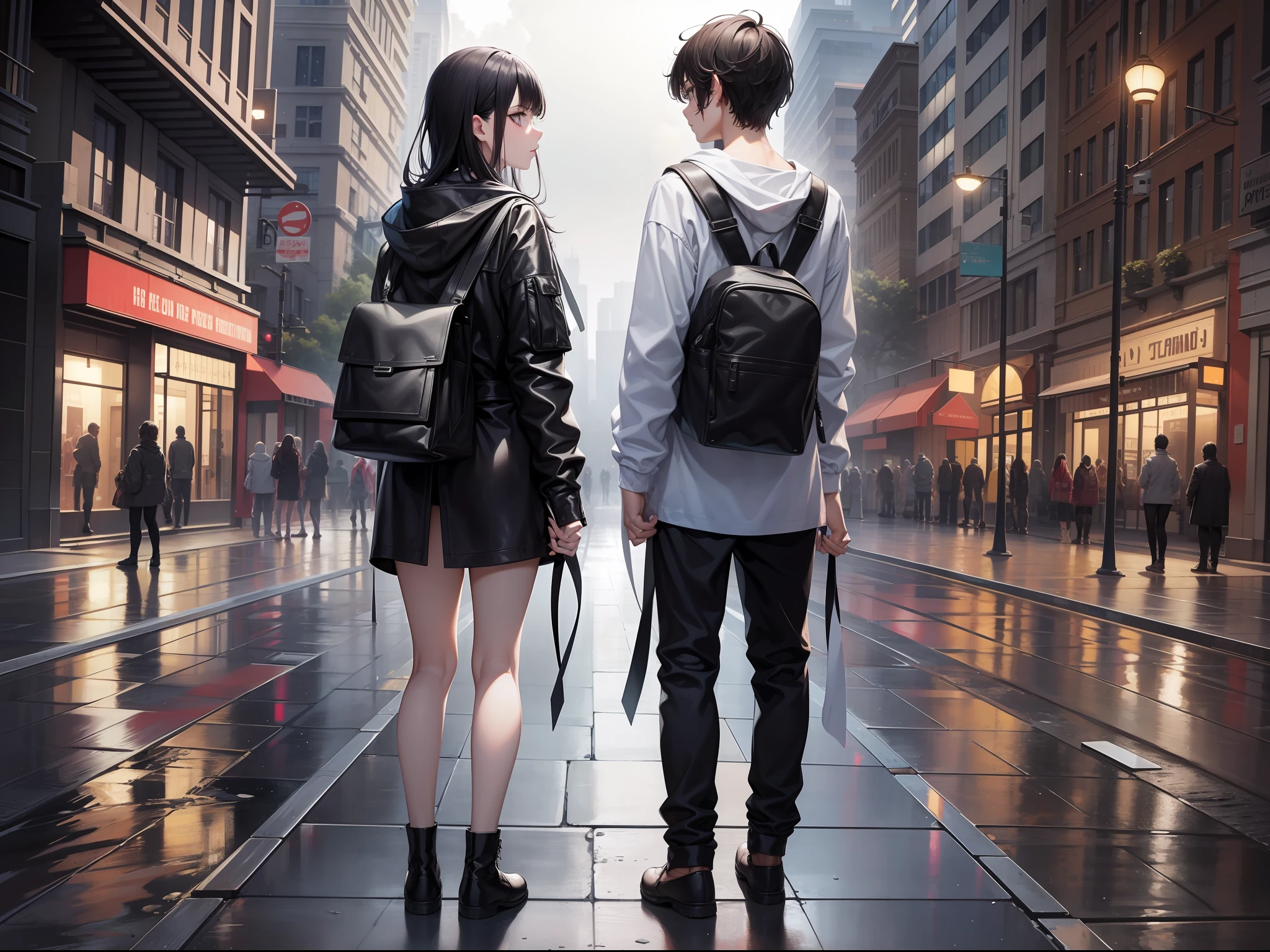 a female and a male, stand and back on to each other, lonely, one side is full of light, one side is dark, rainny, on the street, poddle of water on the road, reflecting, polar opposites, symmetry, panorama, perspective, ray tracing, reflection light, depth of field, masterpiece, best quality, high details, high quality, textured skin, ccurate, UHD, HD