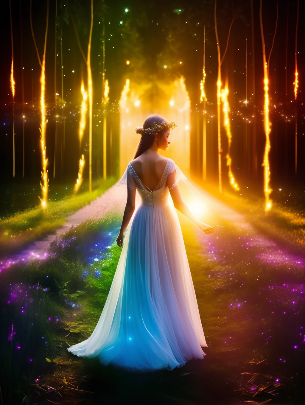 ( Masterpiece) Create a realistic close-up image of a stunning beautiful ethereal elf walking through a field of fireflies, mirrors, fireflies over the water, photograph, wonder, amazement, night, cinematic lighting, 8k, dreamy, ethereal, lightcore, cinematic, digital art, glow in the dark, starry