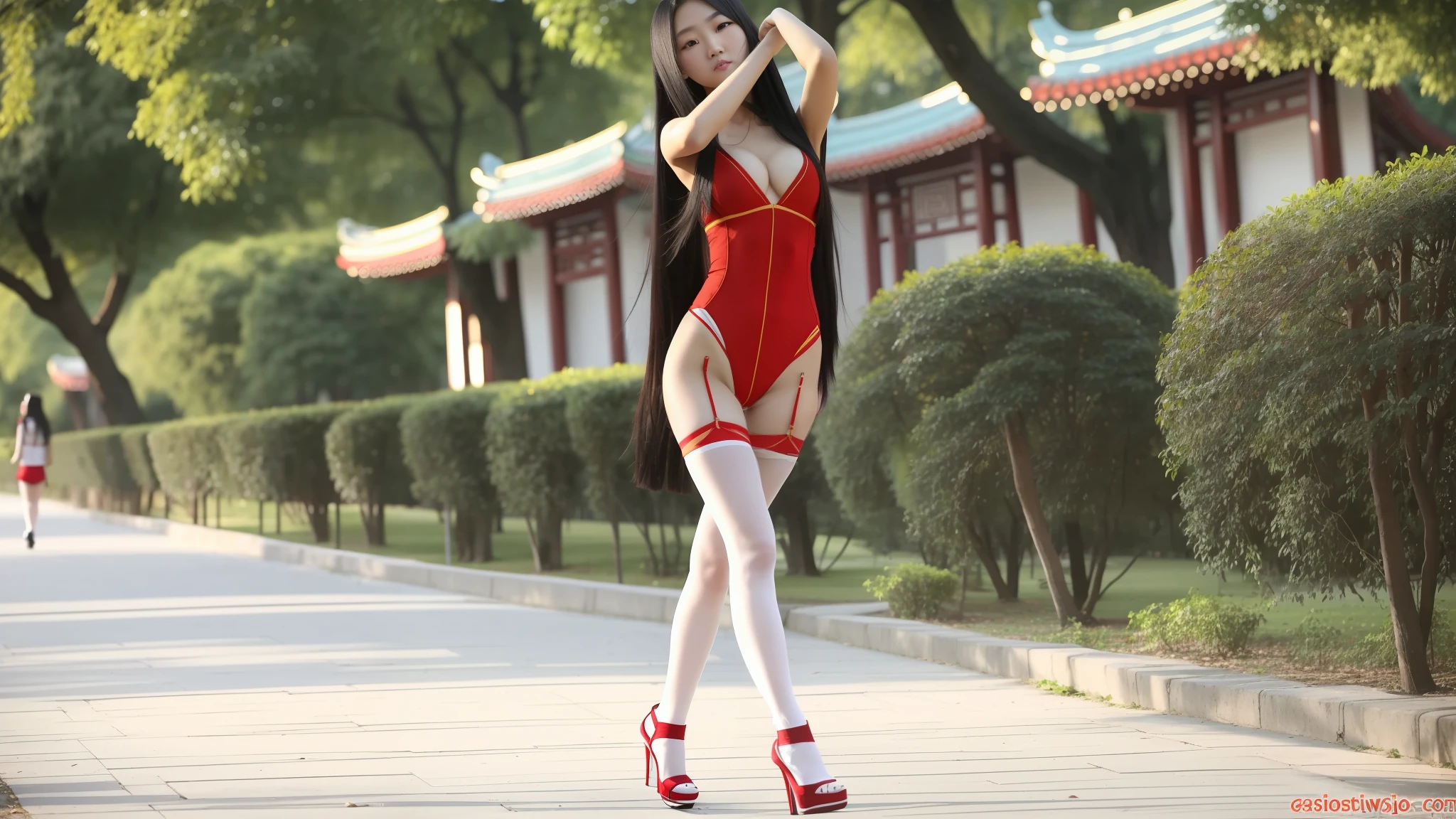 Walking in a park, a 15-year-old Chinese girl, long black hair, beautiful, sexy, red thong, pantyhose, expressive, varied posture, sweet expression, long legs, full breasts, symmetrical bottom, white high heels, hands on breasts, legs apart, Chinese movie --auto --s2