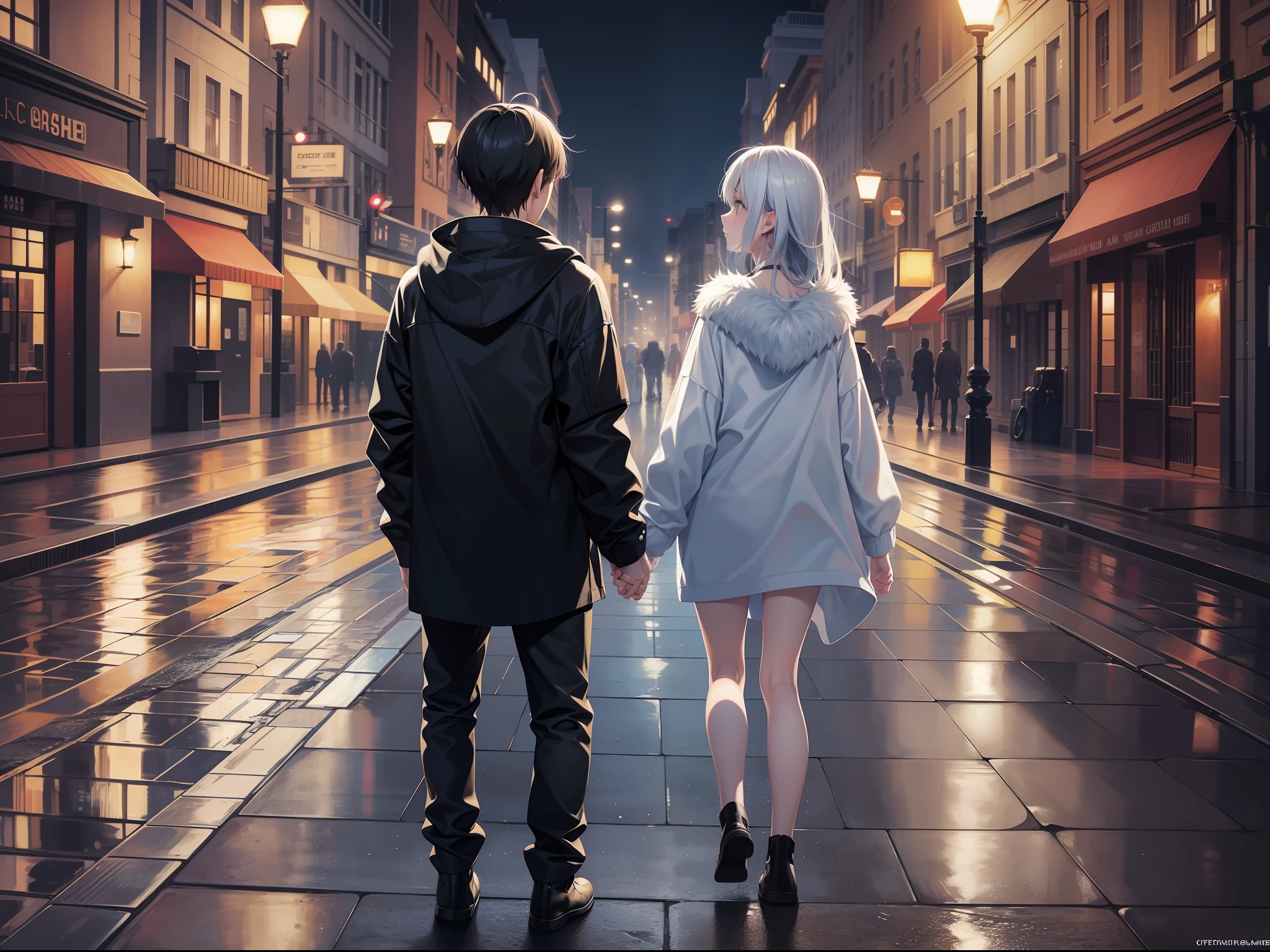 a female and a male, stand and back on to each other, lonely, one side is full of light, one side is dark, rainny, on the street, poddle of water on the road, reflecting, polar opposites, symmetry, panorama, perspective, ray tracing, reflection light, depth of field, masterpiece, best quality, high details, high quality, textured skin, ccurate, UHD, HD