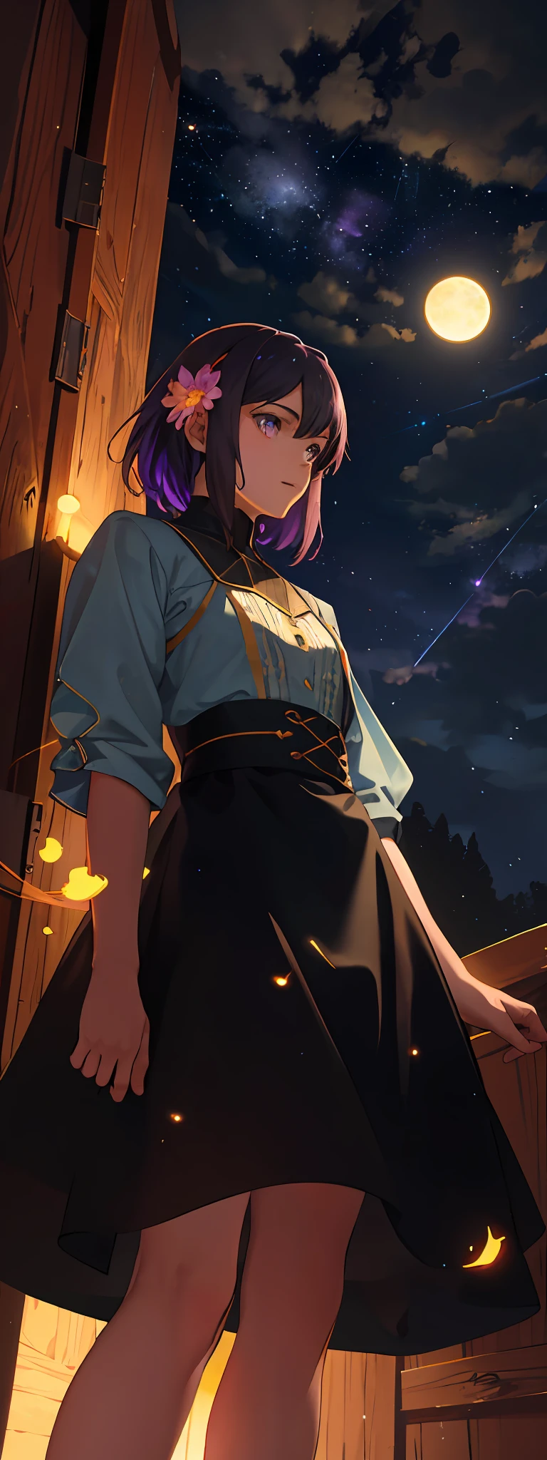 Vast landscape photo, (viewed from below, the sky is above and the open field is below), a girl standing on a flower field looking up, (full moon: 1.2), (meteor: 0.9), (nebula: 1.3), distant mountains , Trees BREAK Crafting Art, (Warm Light: 1.2), (Fireflies: 1.2), Lights, Lots of Purple and Orange, Intricate Details, Volumetric Lighting, Realism BREAK (Masterpiece: 1.2), (Best Quality), 4k, Ultra-Detailed, (Dynamic Composition: 1.4), Very Detailed, Colorful Details, (Rainbow Colors: 1.2), (Glow Lighting, Atmospheric Lighting), Dreamy, Magical, (Solo: 1.2)