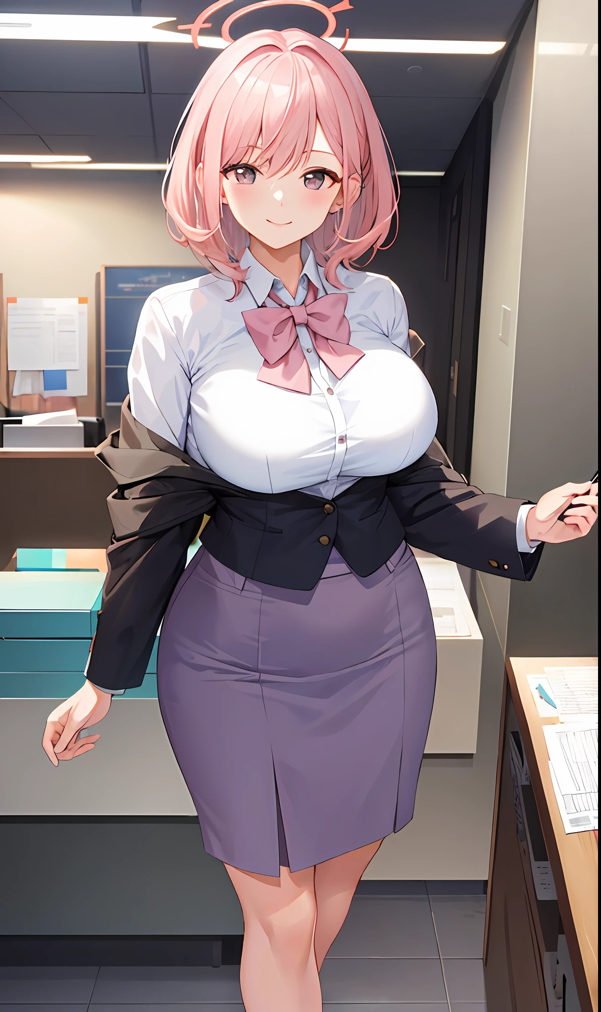 ((masterpiece, best quality)), (1girl),((mature female)), lightpink hair, halo, horn, ((office lady )),bangs,middle breast,(busty),slim,smile, [wide hips],office,standing, aru \(blue archive\),