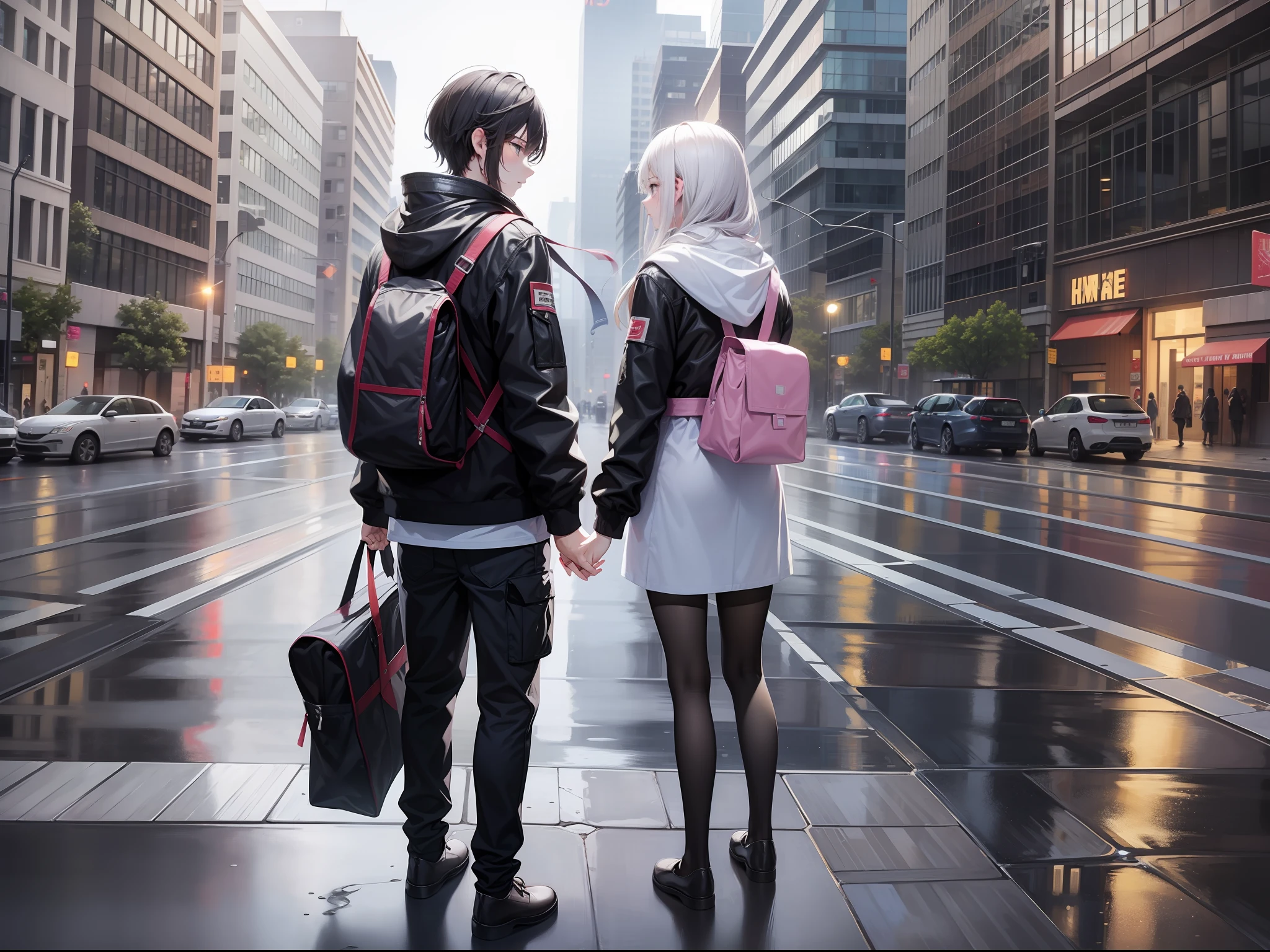 a female and a male, stand and back on to each other, lonely, one side is full of light, one side is dark, rainny, on the street, poddle of water on the road, reflecting, polar opposites, symmetry, panorama, perspective, ray tracing, reflection light, depth of field, masterpiece, best quality, high details, high quality, textured skin, ccurate, UHD, HD