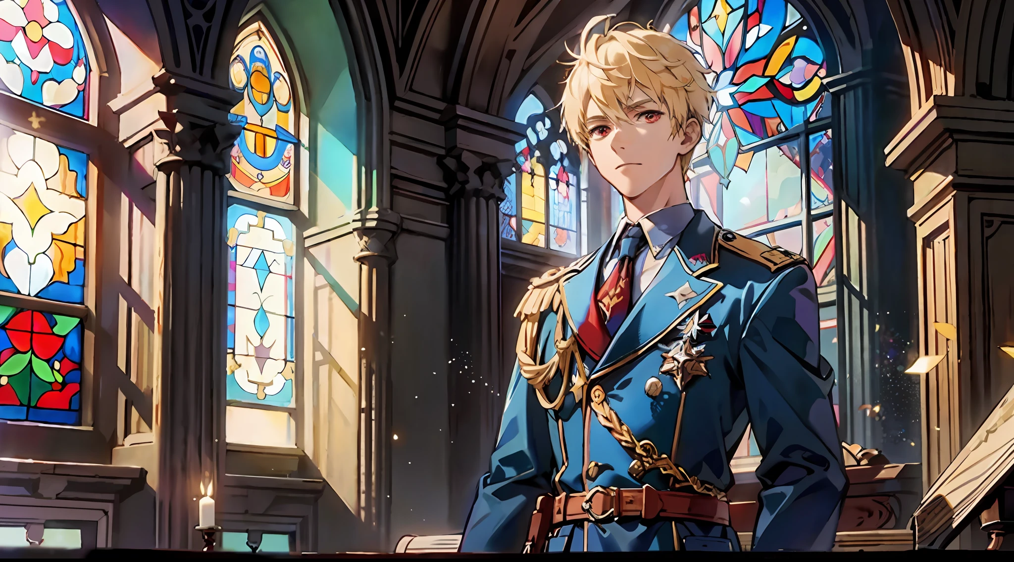 ((Masterpiece: 1.4, highest quality)), ((Masterpiece, highest quality)), (Church: 1.2), (Fragment: 1.2), (Stained Glass: 1.3), 1 male, Handsome, Pillar, Sky Cover, ((blond spiked hair )), red eyes,Delicate hair, military uniform, (light particles), (Moonlight shining through the window), Dark atmosphere, (Behold: 1.3), Cowboy shot