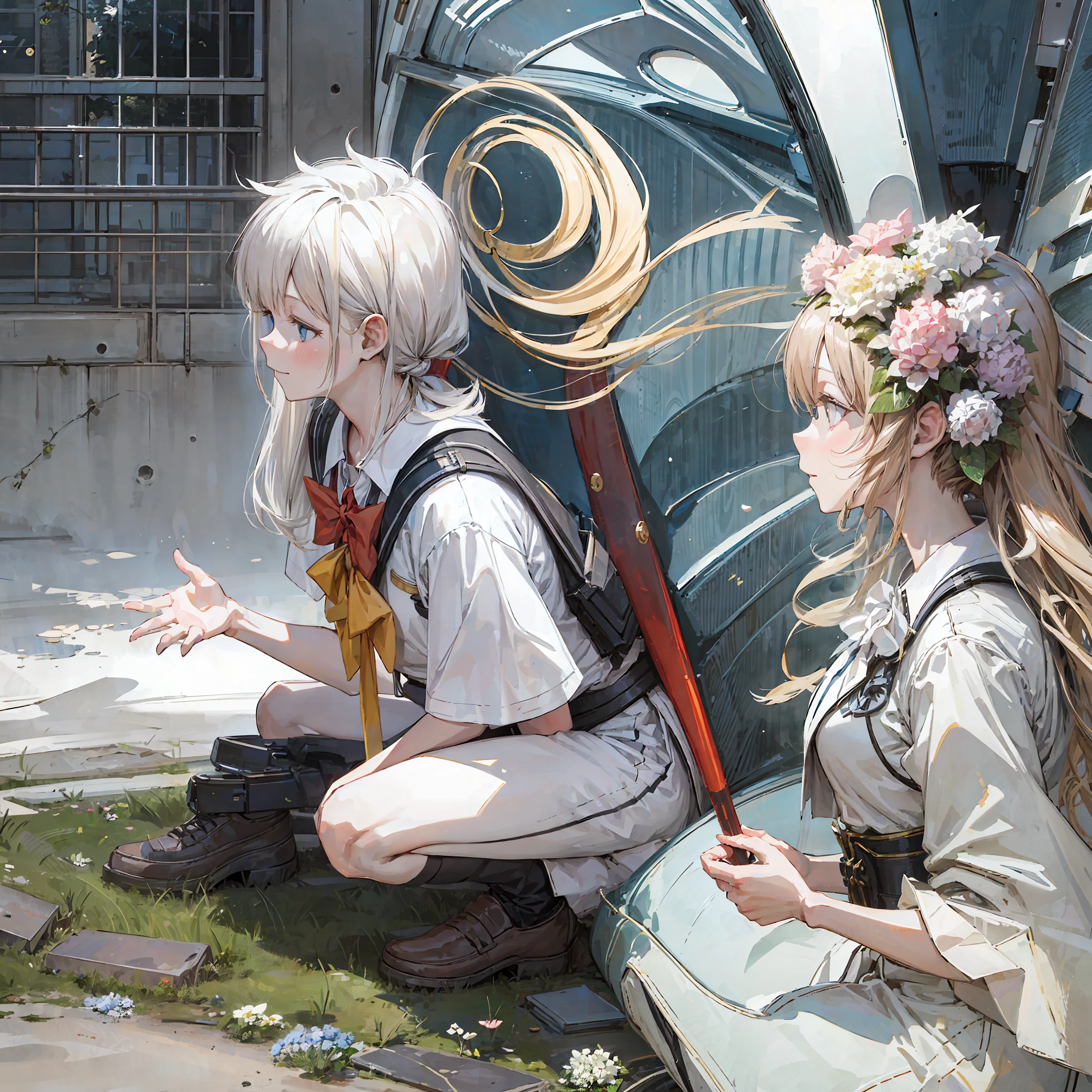 schoolgirl, solo, uniform, morning sun, white hydrangea, torii, from above, illusion, --auto --s2