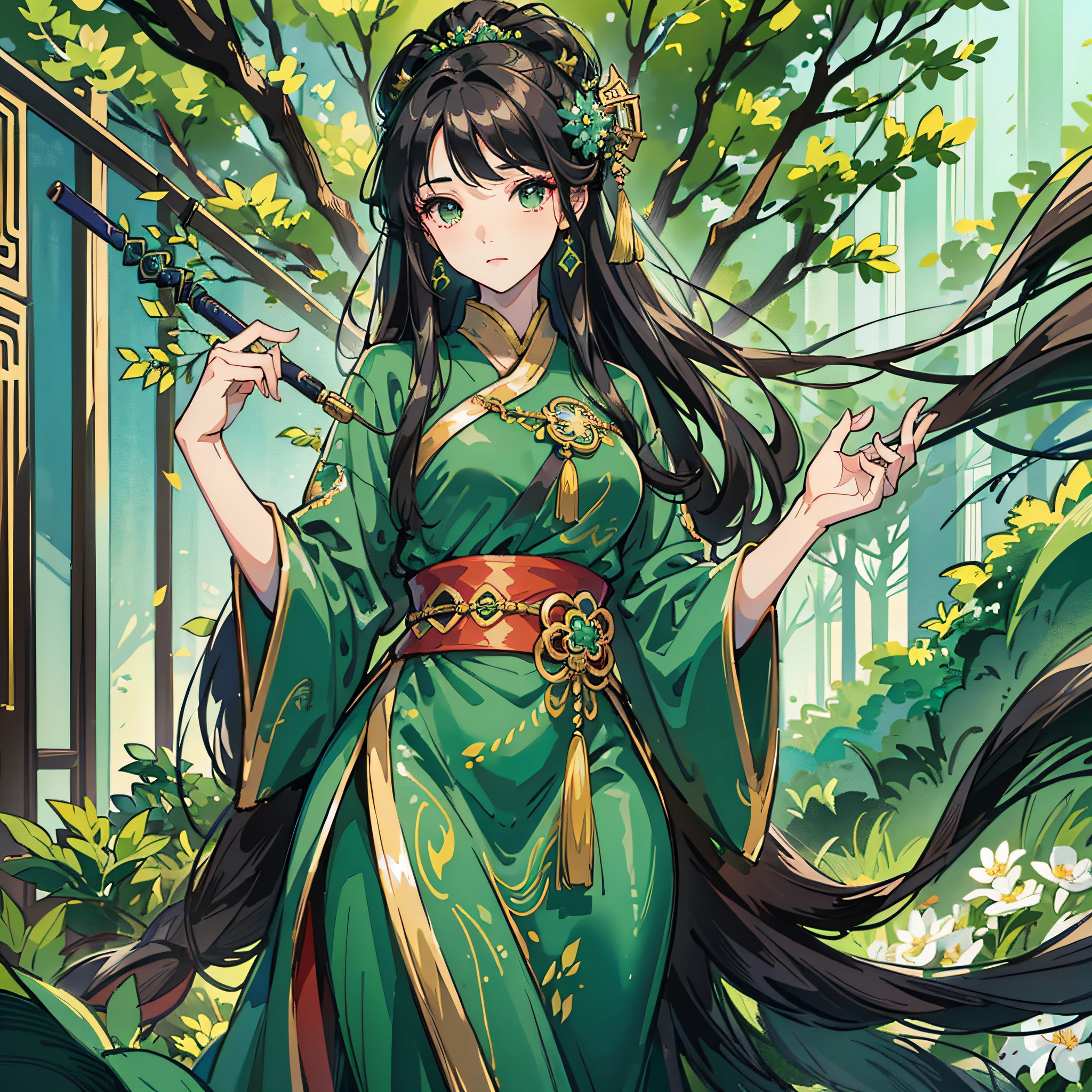 Masterpiece, best picture quality, daytime, air, ancient style, ancient Chinese, 1 mature woman, green magic wand, black hair, long hair, bundled hair, green long dress, hanfu, exquisite face display, exquisite detail display - --auto --s2