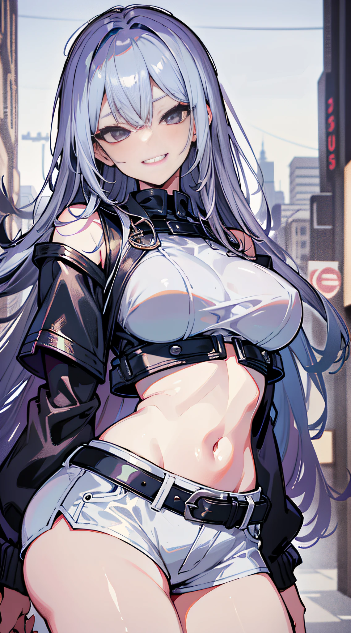 (Masterpiece: 1.6, Best Quality), (Fine and Beautiful Eyes: 1.2), (Overhead), High Quality, Beautiful Face, 1girl, Wide Shot, White Crop Top, Leather Shorts, Oversized Leather Jacket, Open Shoulders, Silver Hair, Big Tits, Long Hair, Wide Hips, (Sideways), Street, Background, Detail Background, Spooky Grin, Angled Laughter at the Corners of Mouth,