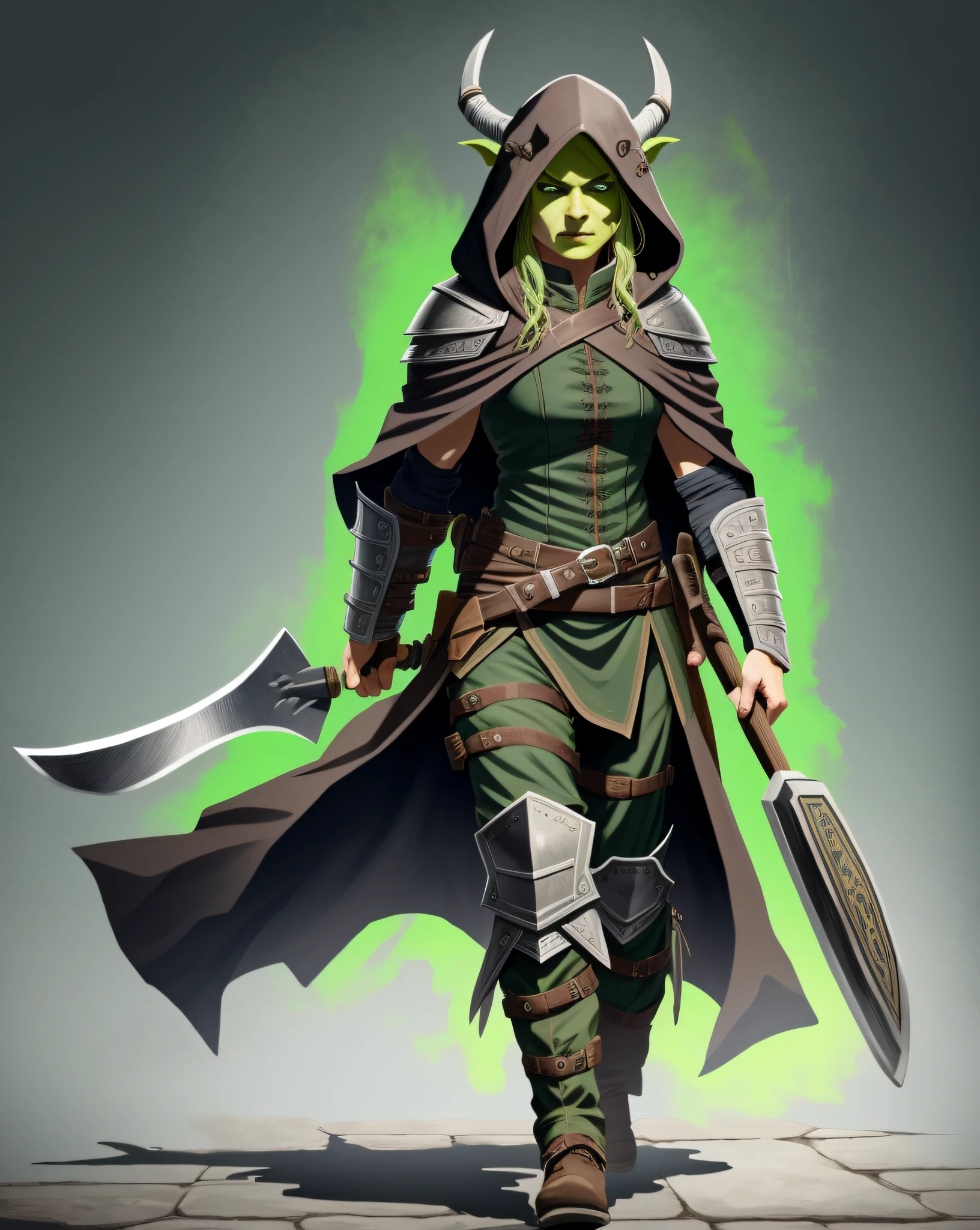 (highly detailed illustration:1.2), best quality, masterpiece, solo, full body, detailed face, detailed eyes, yellow eyes, walking upright, solid background, Leather armor, dark green cloak, hood up, green face, brown leather boots, female, female orc, orc, 1 person, medieval period, no background, holding axe, battle-axe, green skin, tusks, grey travelers pants, black shirt, tusks, one weapon, young woman, young orc, pretty, human face