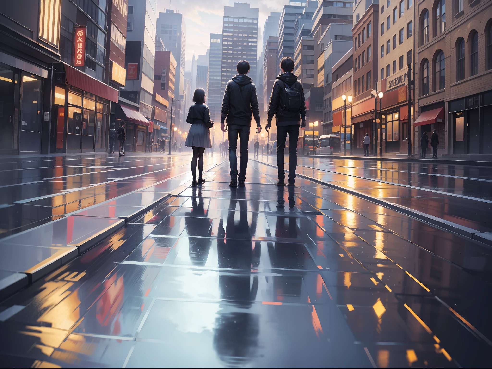 a female and a male, stand and back on to each other, lonely, one side is full of light, one side is dark, rainny, on the street, poddle of water on the road, reflecting, polar opposites, symmetry, panorama, perspective, ray tracing, reflection light, depth of field, masterpiece, best quality, high details, high quality, textured skin, ccurate, UHD, HD