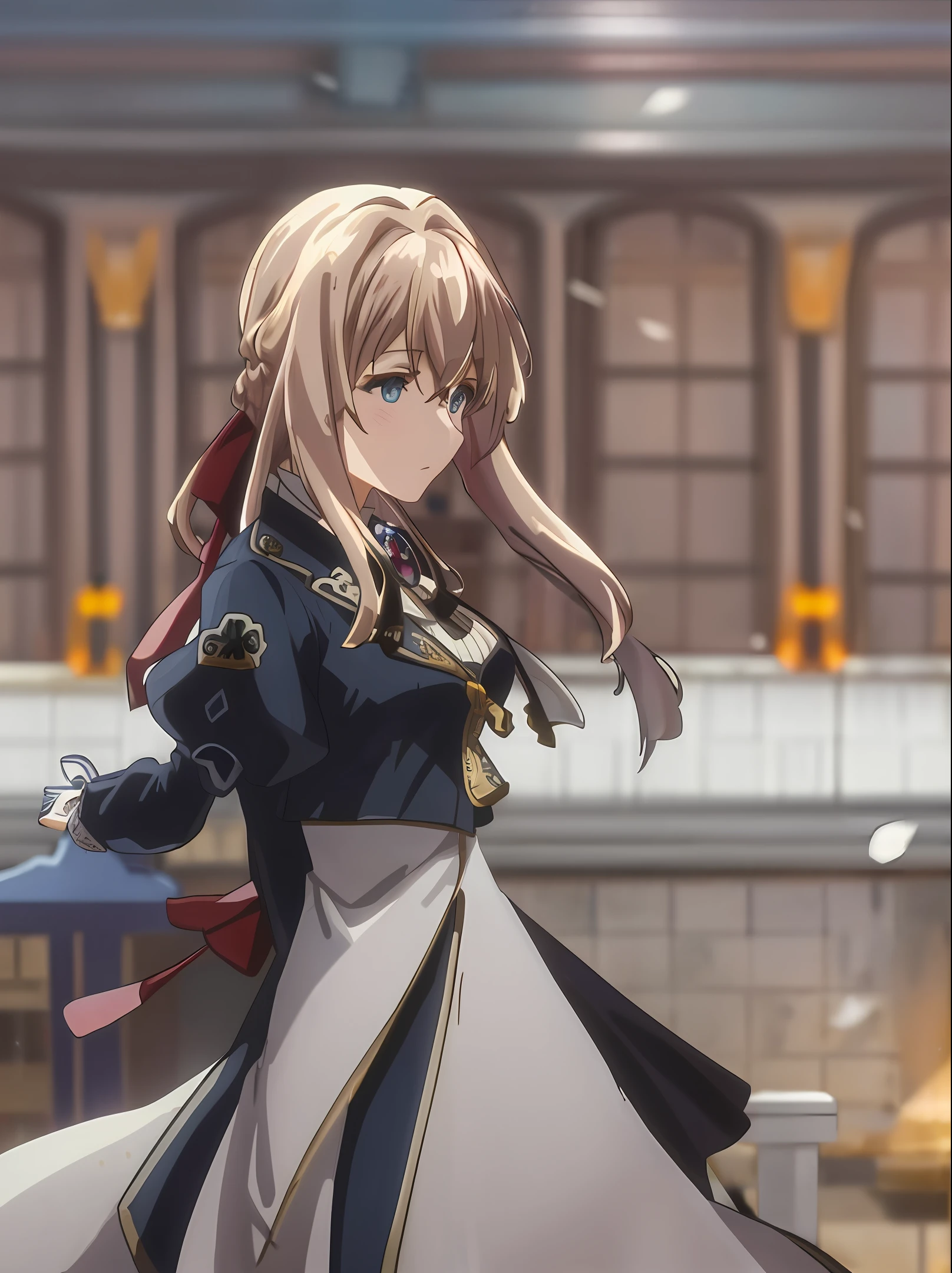 Violet Evergarden (Dynamic Angle: 1.3), Wind, Movie Highlight, Tyndall Effect, 1 Girl, Upper Body, Arms Up, Look at the Audience, Extreme Close Up, violet_evergarden, Solo, Jewelry, Expressionless, Brooch, blonde_hair, ( Vevry Long Hair: 1.2), messy_hair, Floating hairlong_sleeves, Ribbon, blue_eyes, Jacket, Dress, Gemstone, hair_ribbon, sky, depth_of_field, flower fields, flying petals, motion blur, from the side,
masterpiece